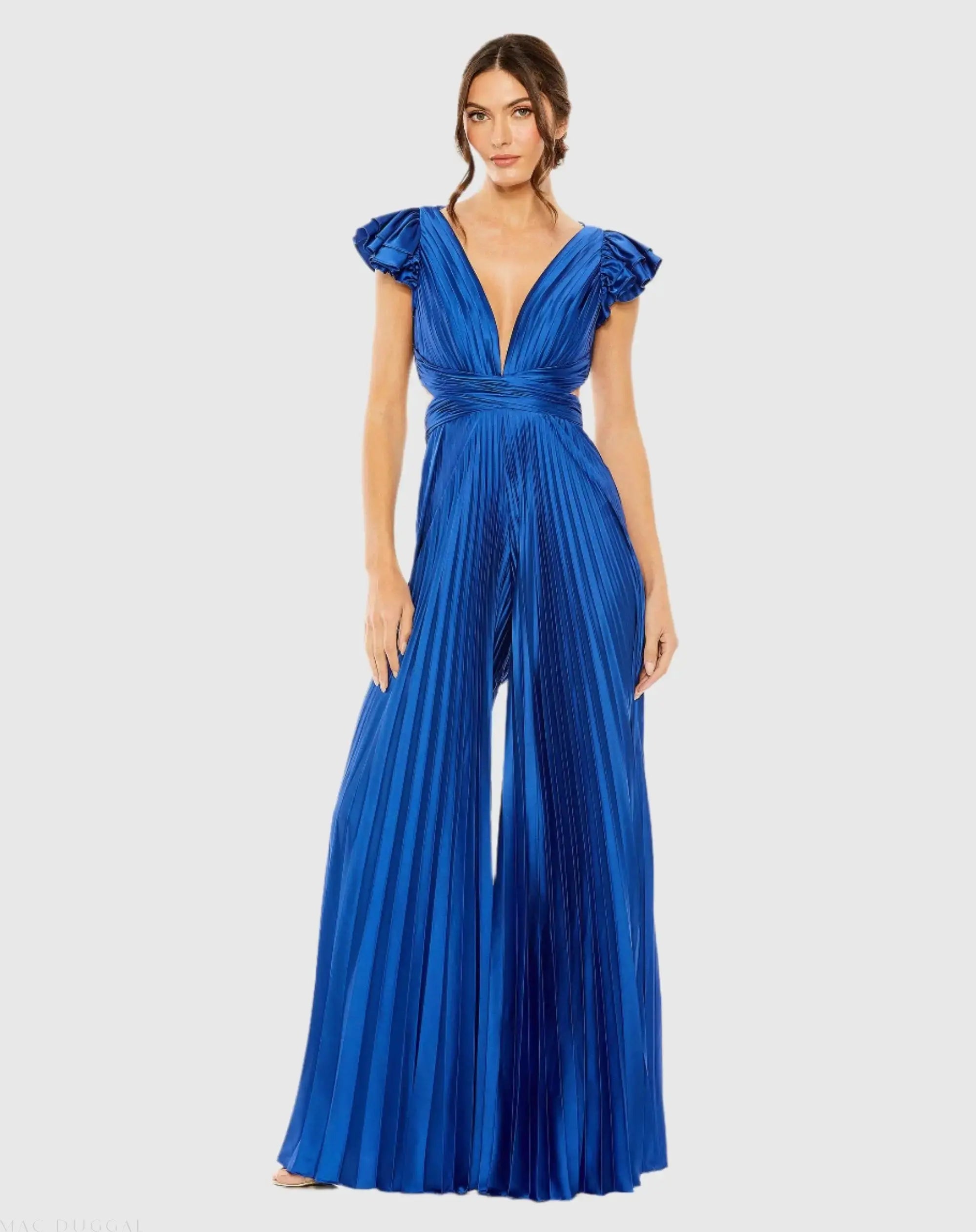 Blue Ruffle Cap Sleeve Cutout Heat Pleated Jumpsuit - Mac Duggal