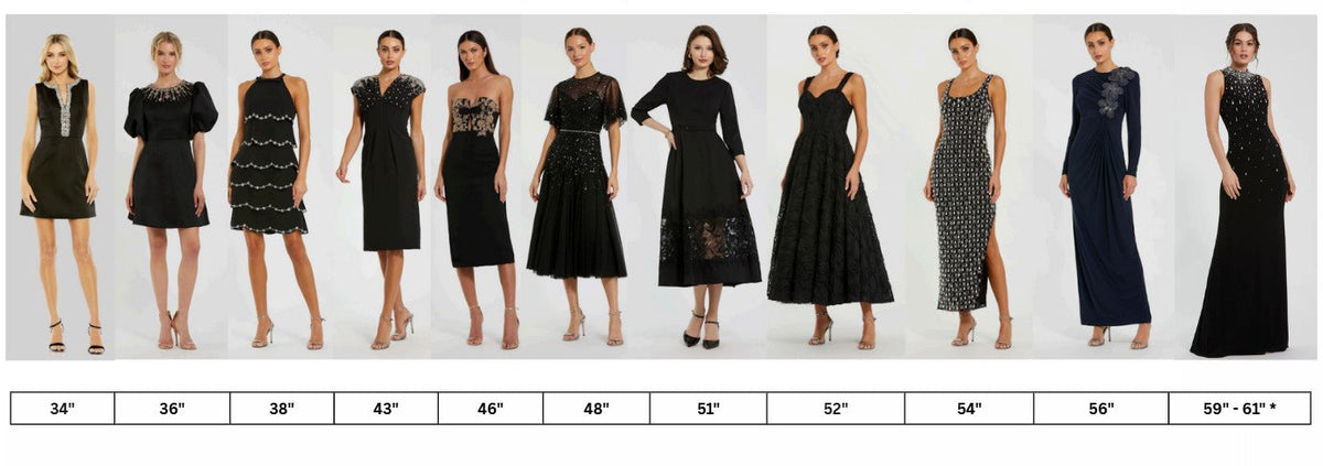 Chart showing dress lengths from highest point of shoulder to hem with models wearing various black dresses.