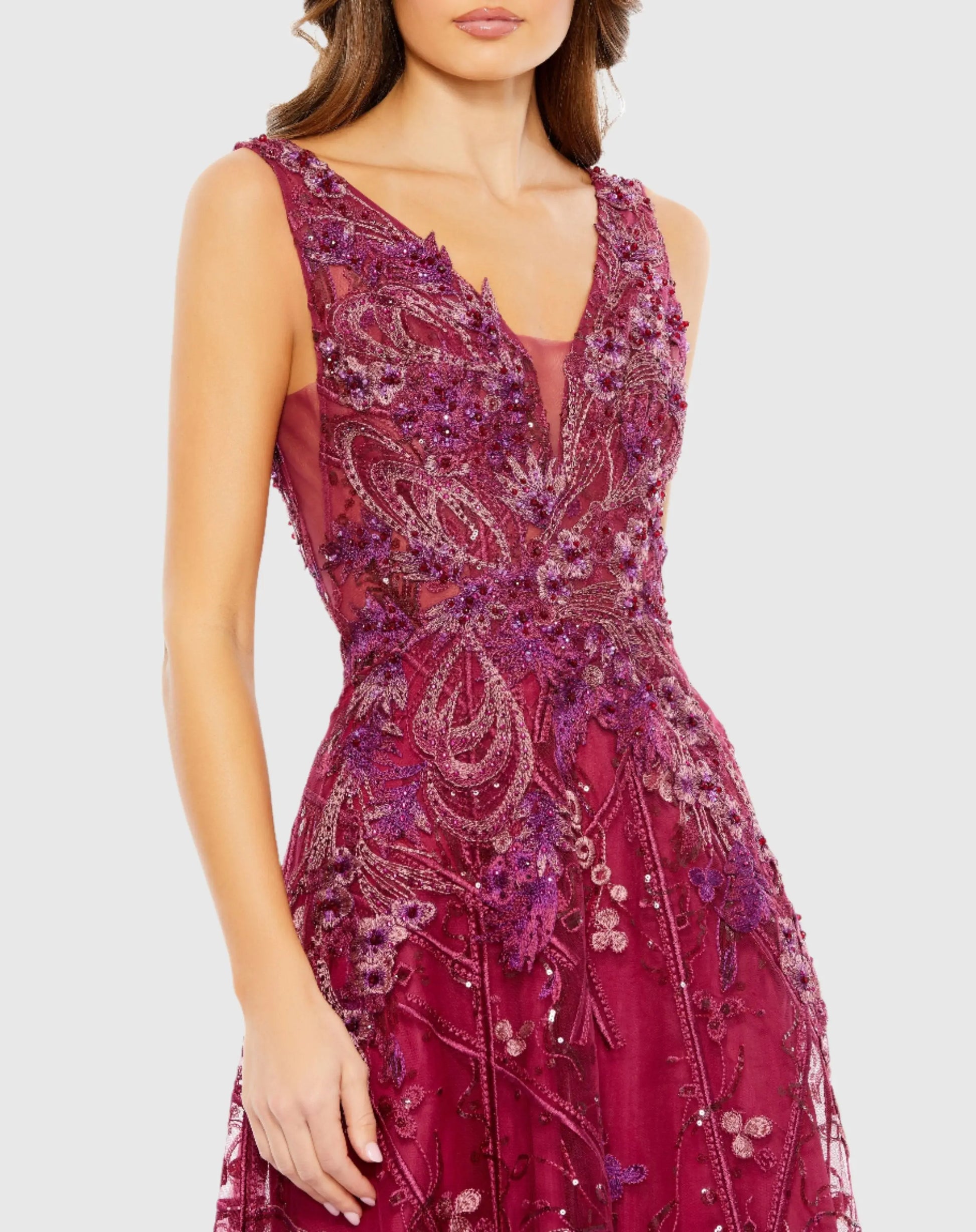 Embroidered Sleeveless Plunge Neck A Line Gown - Mac Duggal