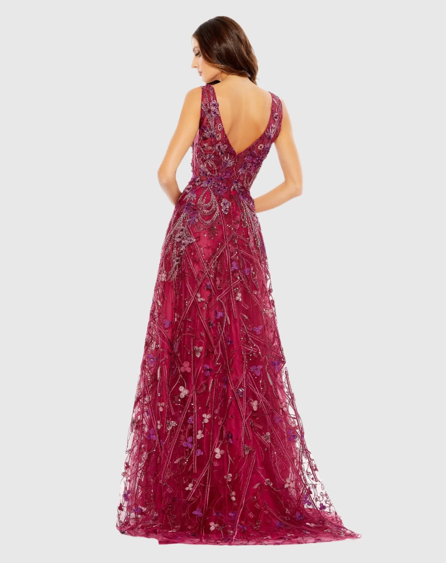 Embroidered Sleeveless Plunge Neck A Line Gown - Mac Duggal