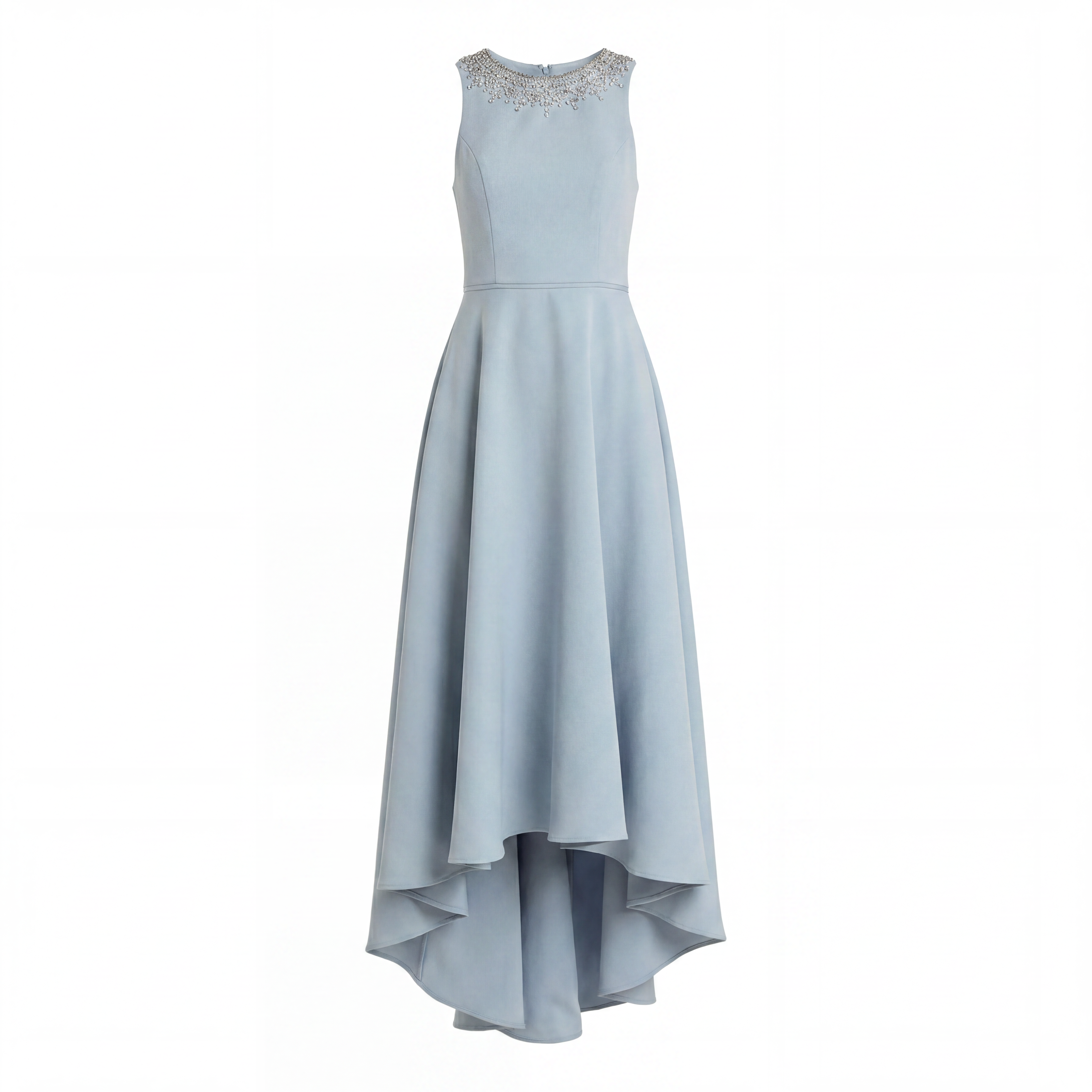 Blue Crepe Embellished Neck High Low Gown