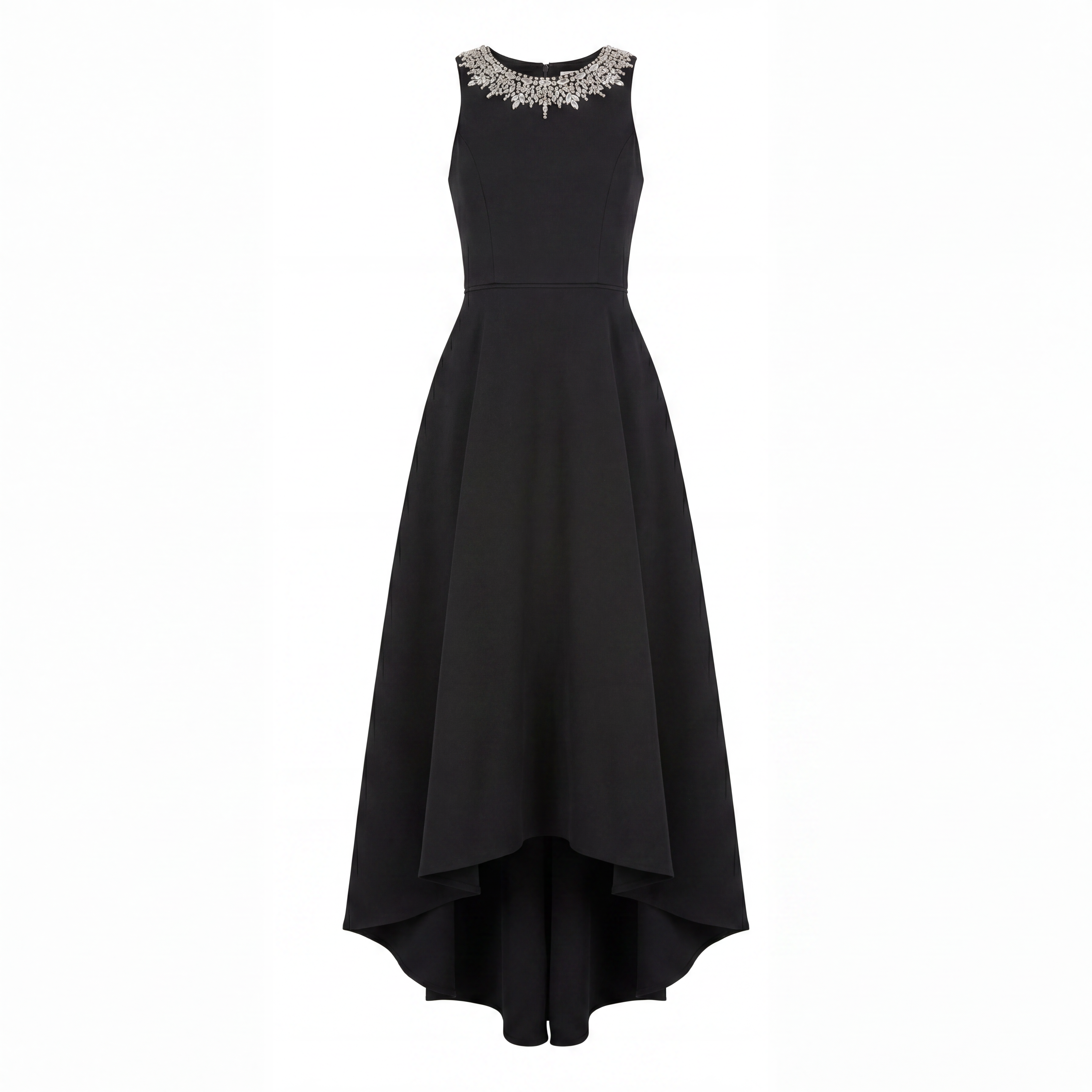 Black Crepe Embellished Neck High Low Gown