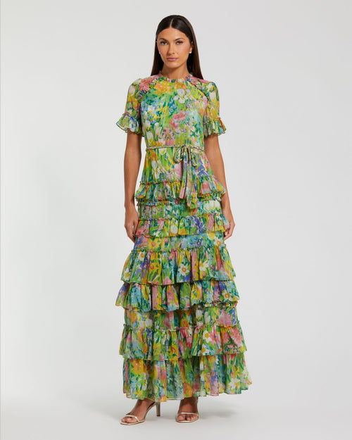 Green Floral Printed Chiffon Tiered Ruffle Gown - Mac Duggal