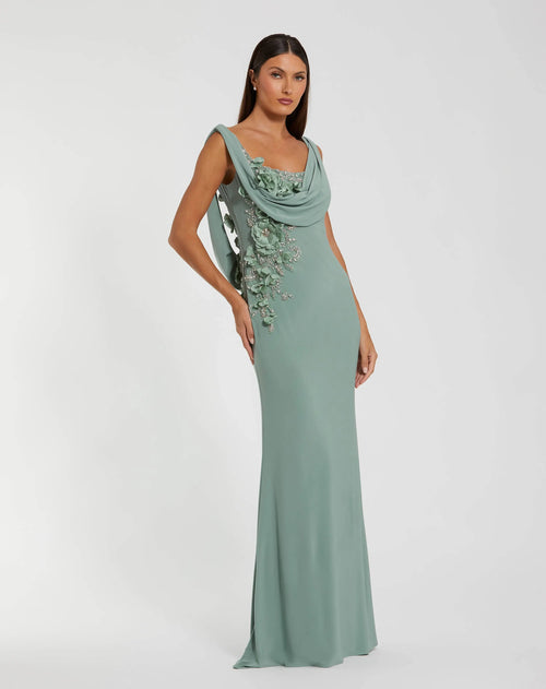 Green Sleeveless Jersey Cowl Neck Gown With Beading