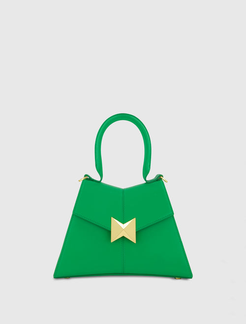 Bolsa de couro verde pequena angular com ferragens douradas