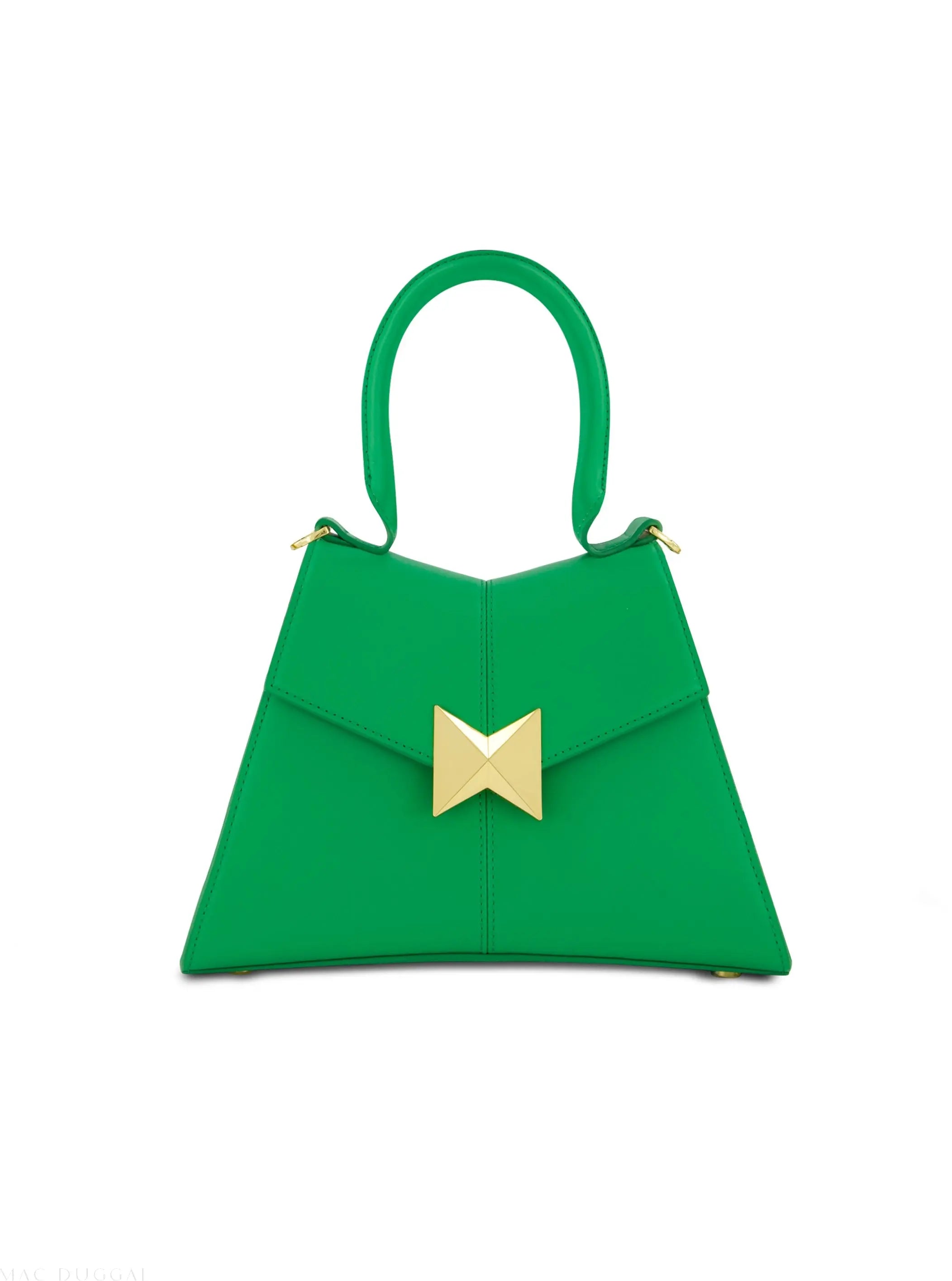 Angular Small Green Leather Handbag With Gold Hardware - Mac Duggal