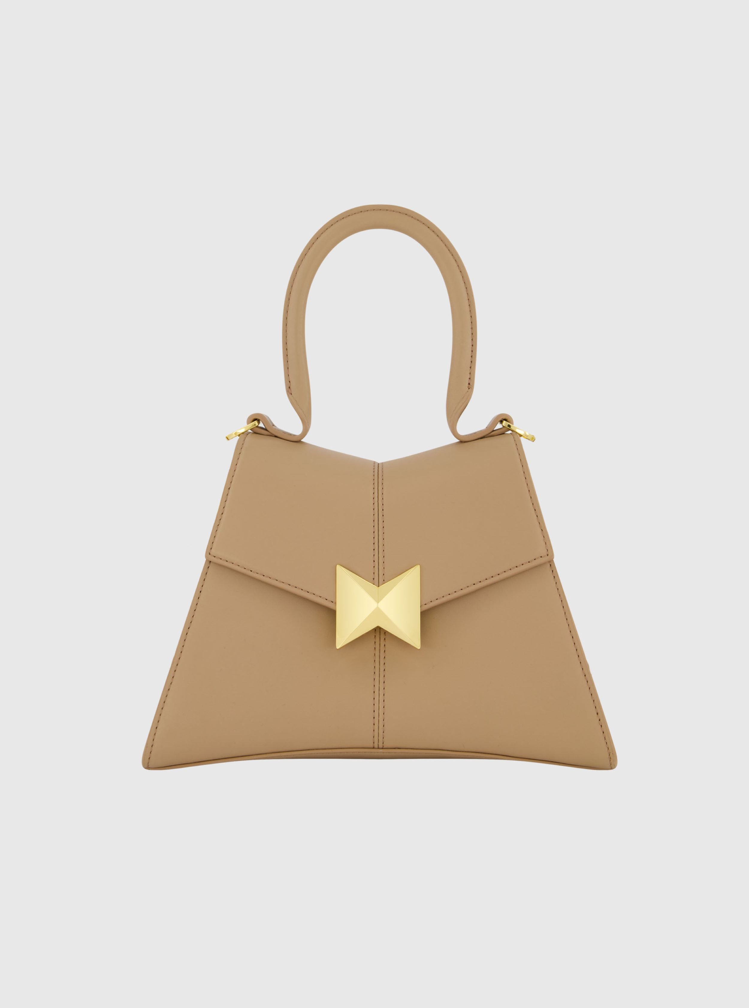 Angular Small Taupe Leather Handbag With Gold Hardware