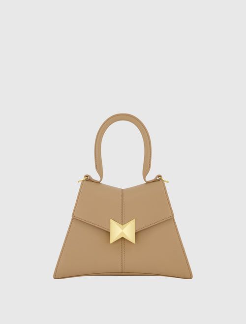 Petit sac à main angulaire en cuir taupe avec détails dorés