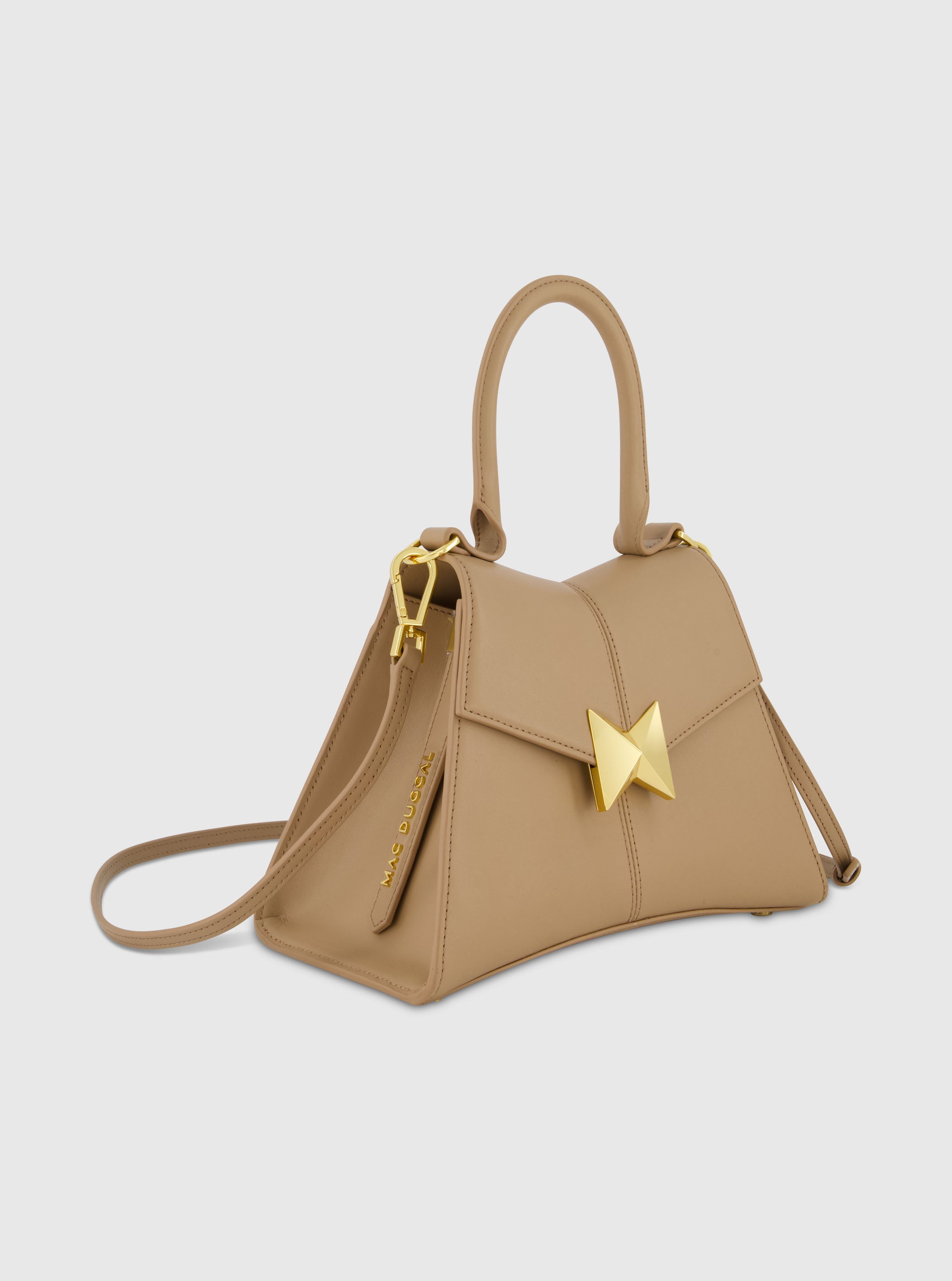 Angular Small Taupe Leather Handbag With Gold Hardware