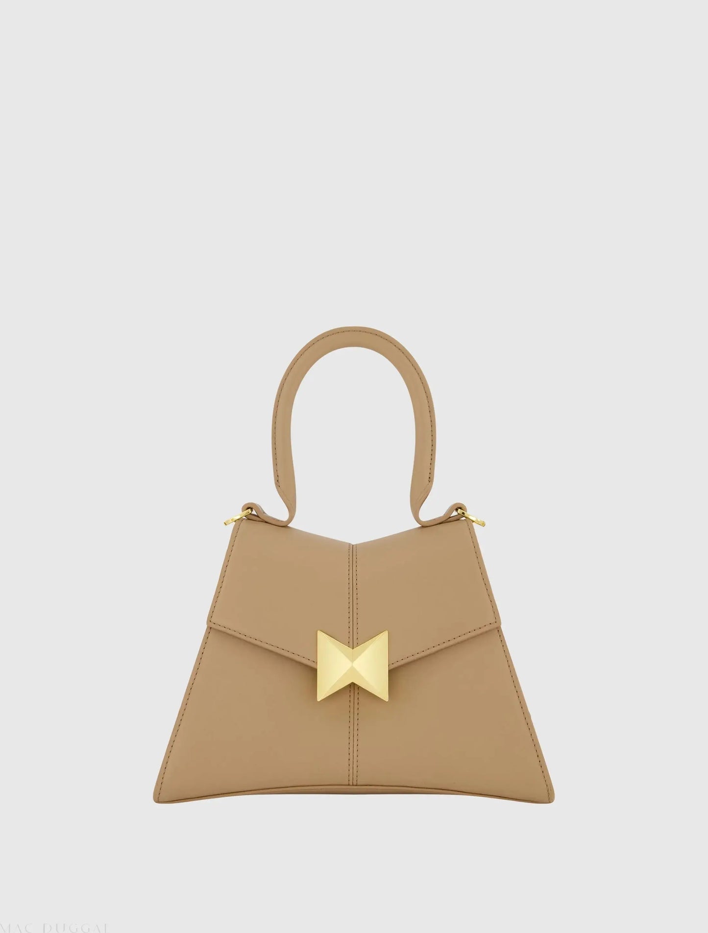 Angular Small Taupe Leather Handbag With Gold Hardware - Mac Duggal