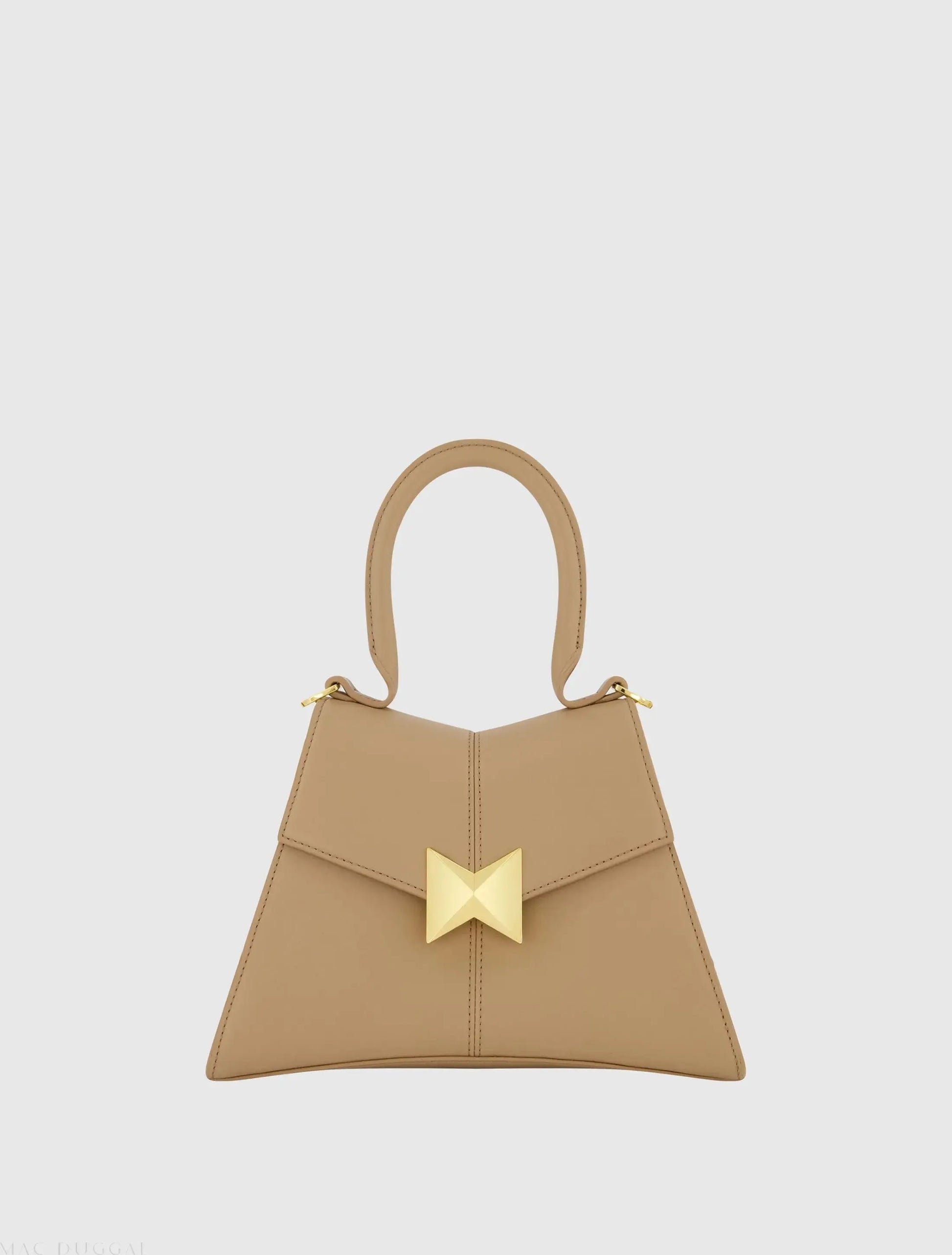 Angular Small Taupe Leather Handbag With Gold Hardware - Mac Duggal