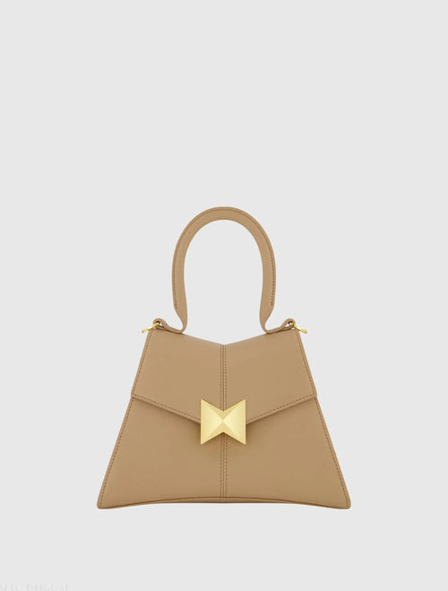 Angular Small Taupe Leather Handbag With Gold Hardware - Mac Duggal