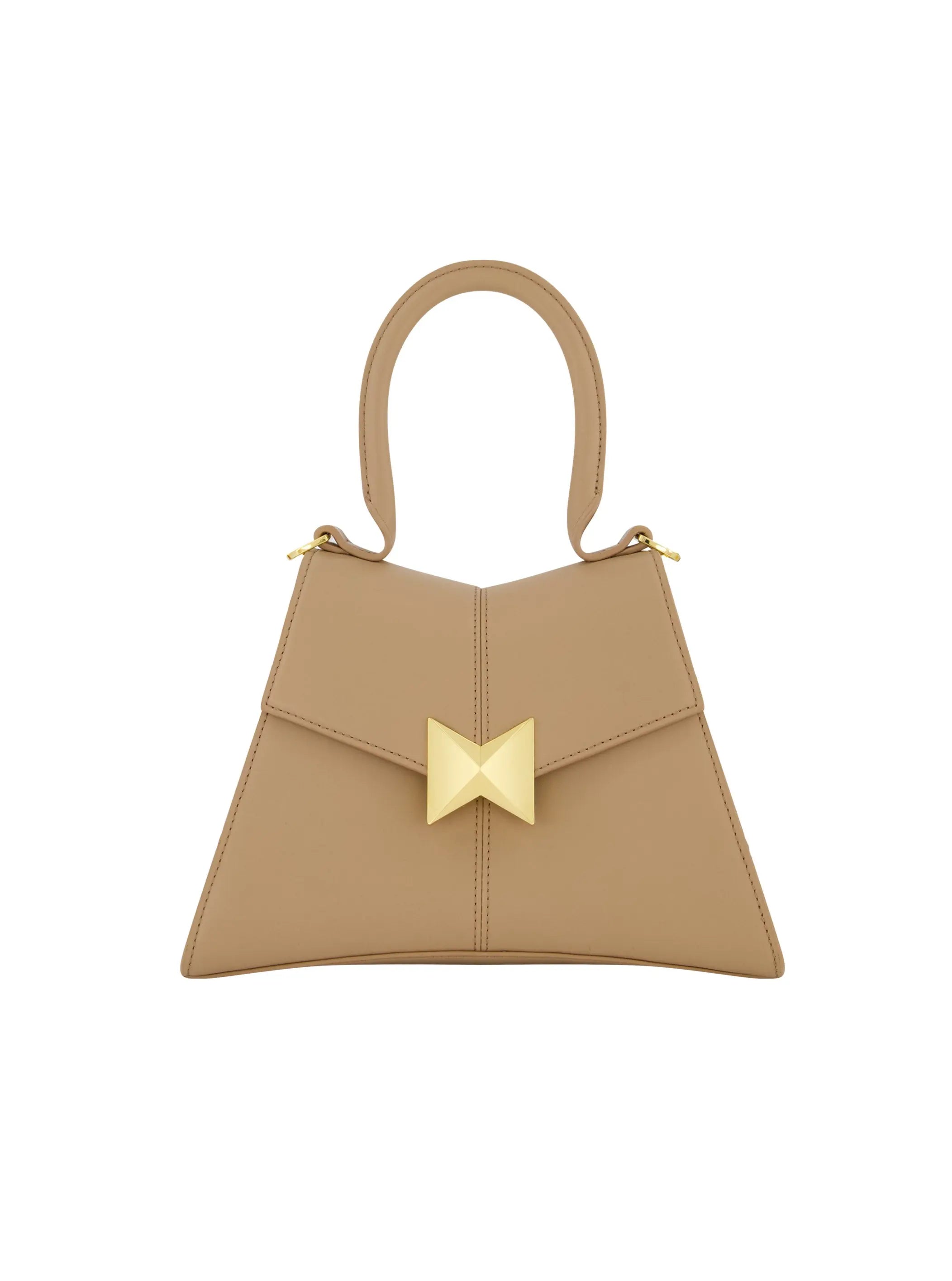 Angular Small Taupe Leather Handbag With Gold Hardware - Mac Duggal