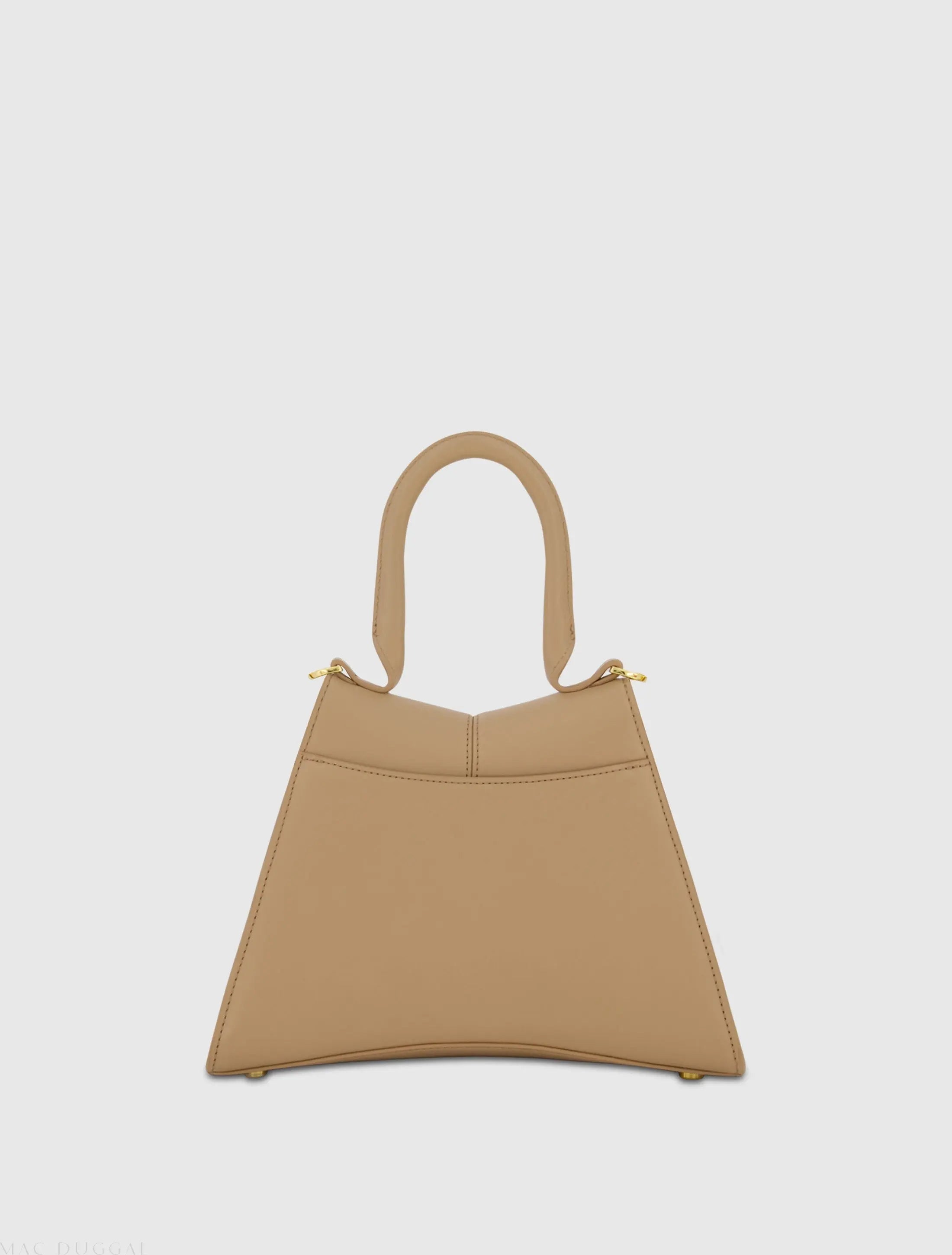 Angular Small Taupe Leather Handbag With Gold Hardware - Mac Duggal