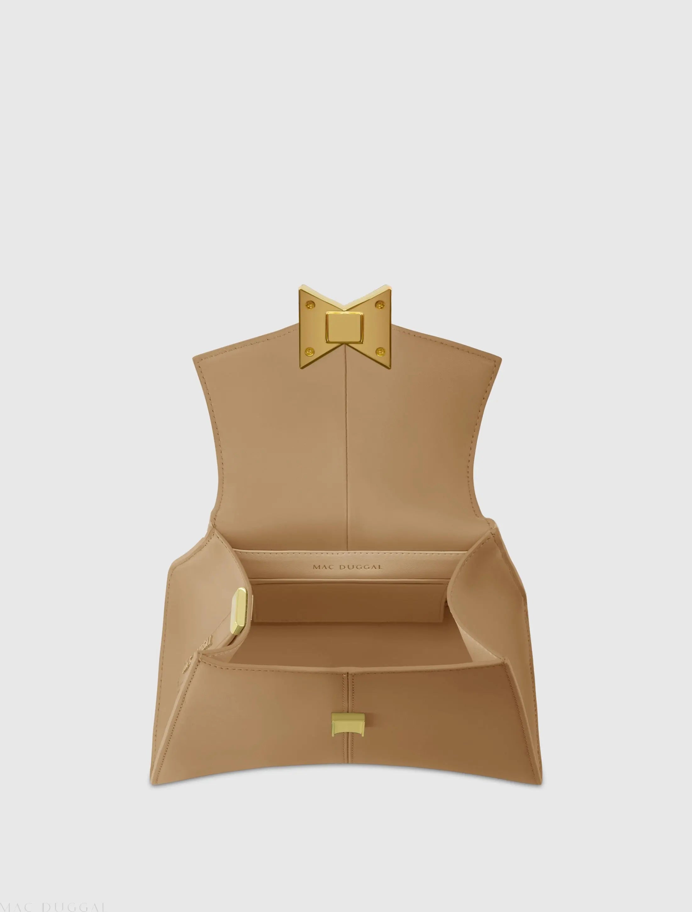 Angular Small Taupe Leather Handbag With Gold Hardware - Mac Duggal