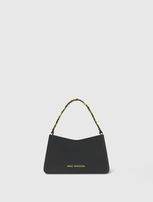 Bolso bandolera pequeño de piel de napa negra con estampado floral dorado