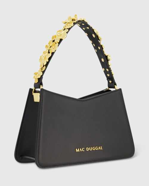 Bolso bandolera pequeño de piel de napa negra con estampado floral dorado