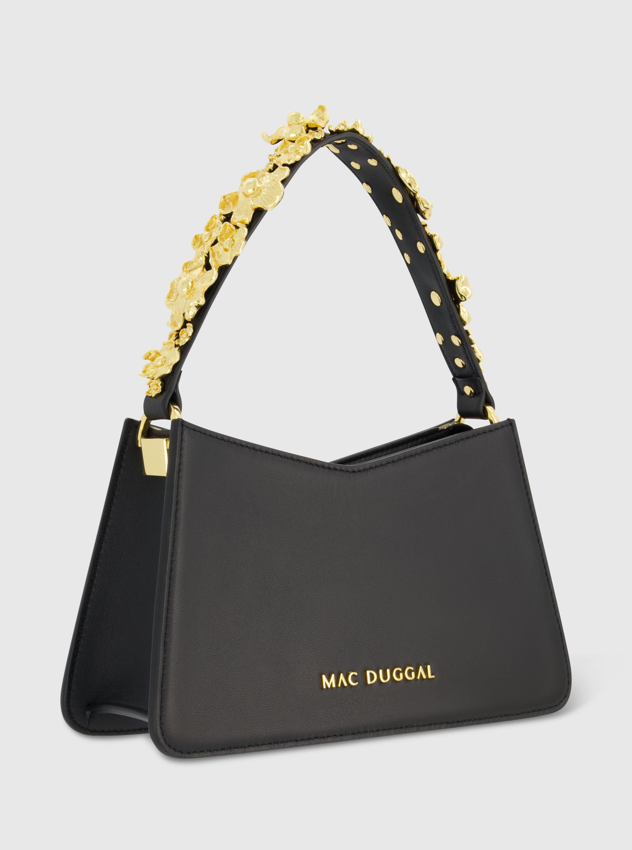 Gold Floral Small Black Nappa Leather Shoulder Bag