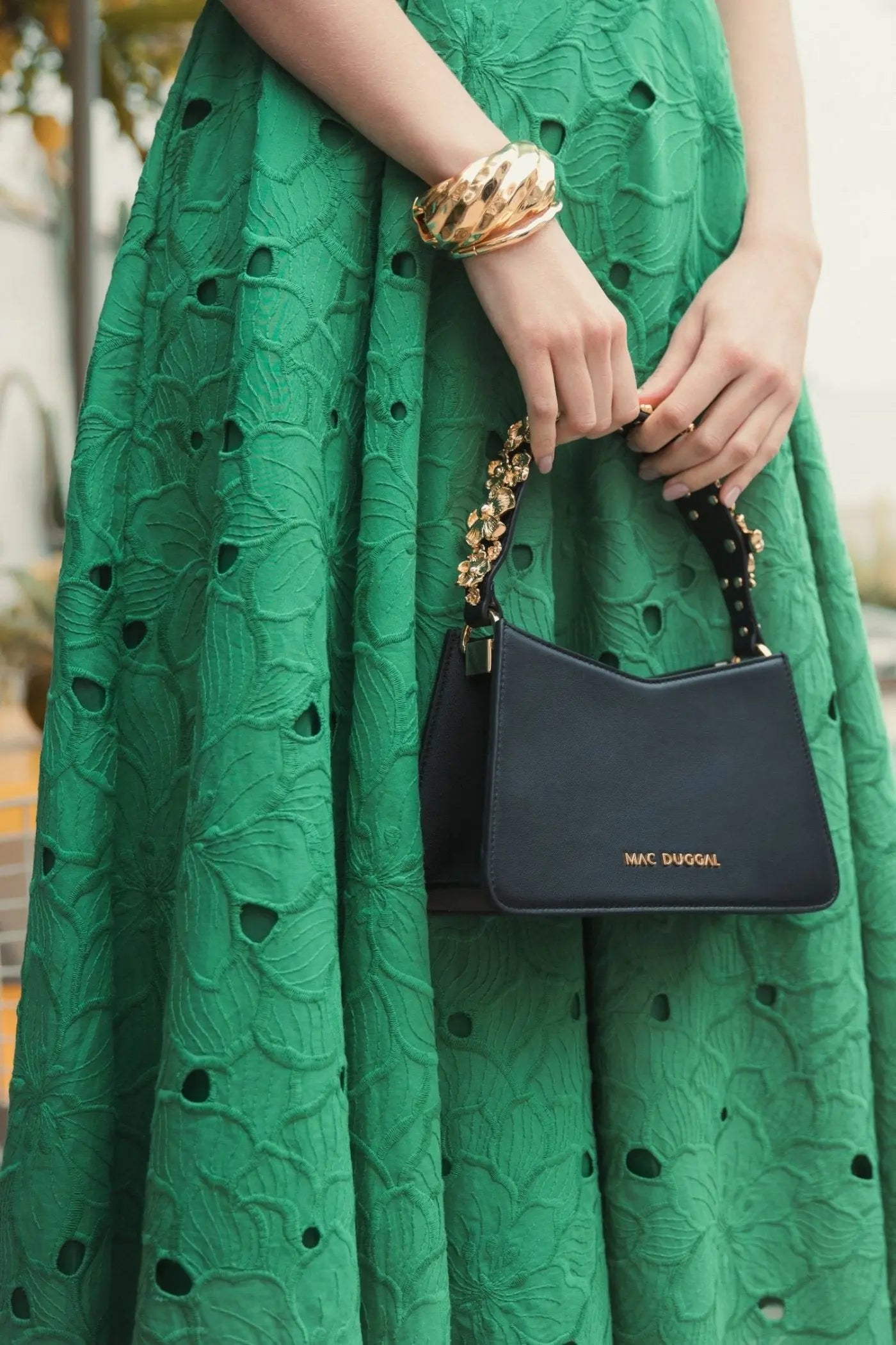 Gold Floral Small Black Nappa Leather Shoulder Bag - Mac Duggal