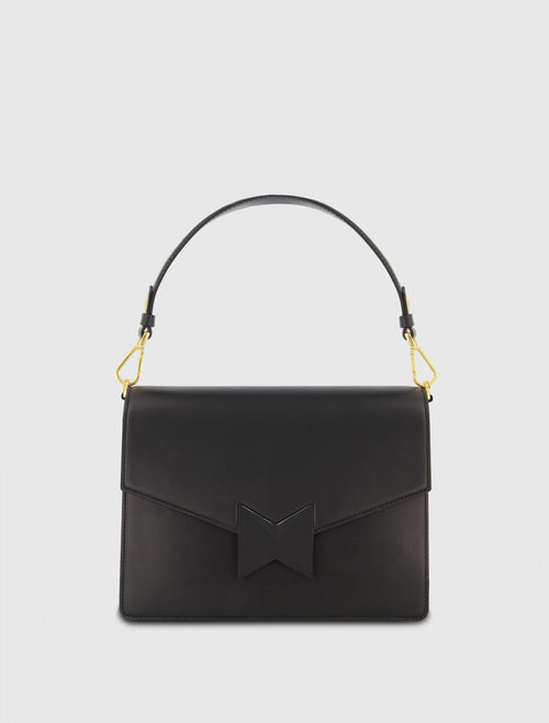 Classic Black Leather Medium Shoulder Bag with Detachable Strap