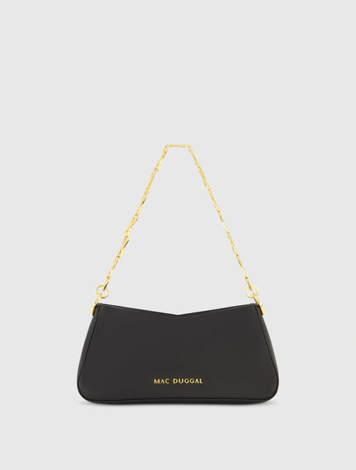 Petit sac porté épaule en cuir nappa noir à bandoulière dorée