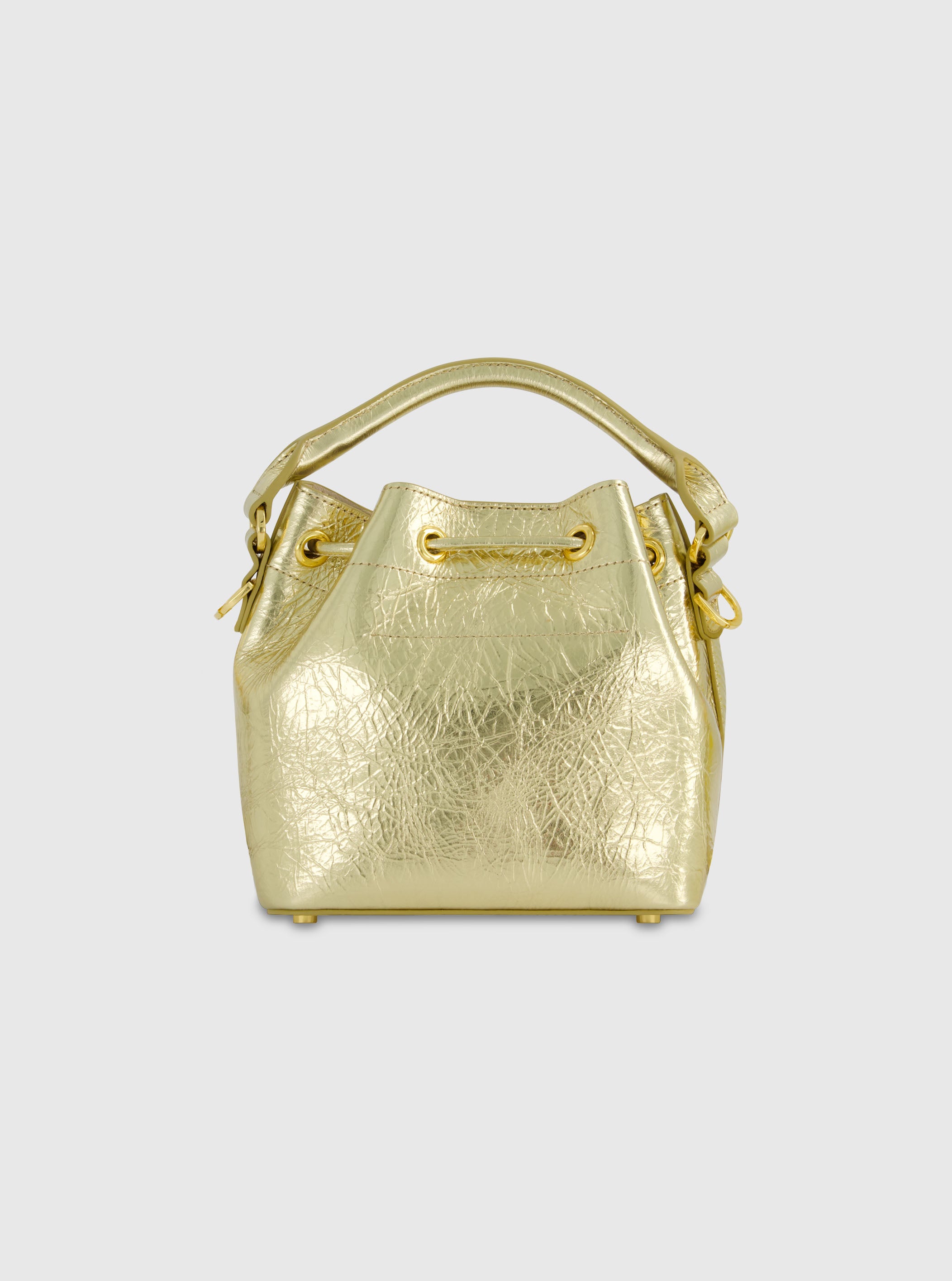 Crinkle Metallic Gold Leather Mini Bucket Bag with Detachable Strap
