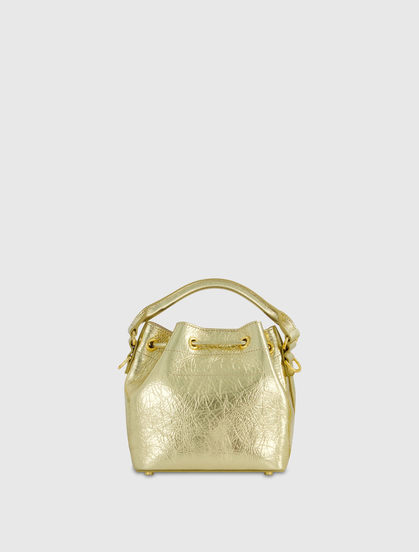 Mini borsa a secchiello in pelle color oro metallizzato con tracolla staccabile