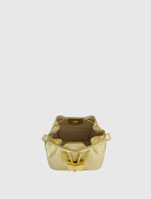 Crinkle Metallic Gold Leather Mini Bucket Bag with Detachable Strap