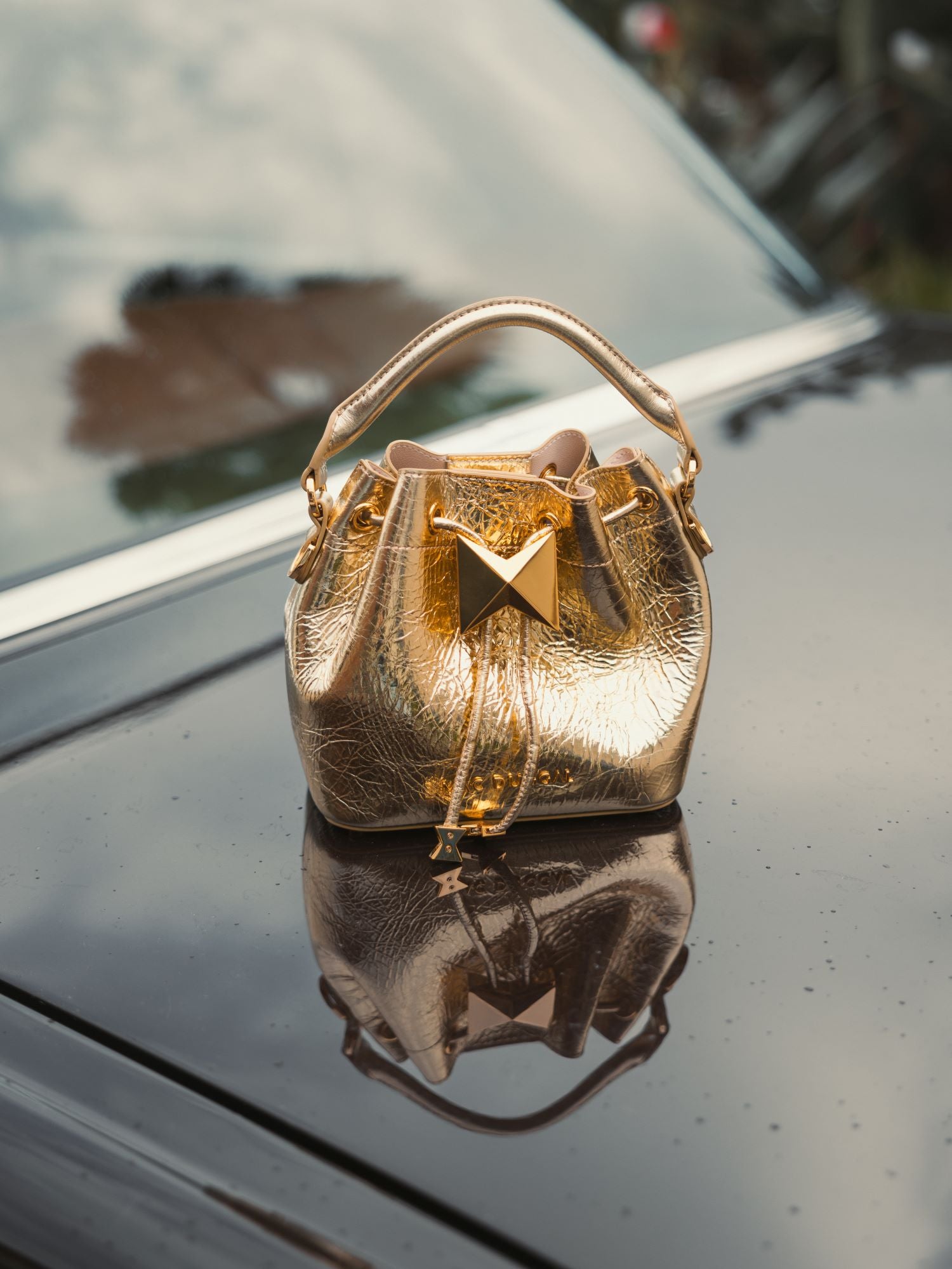 Crinkle Metallic Gold Leather Mini Bucket Bag with Detachable Strap