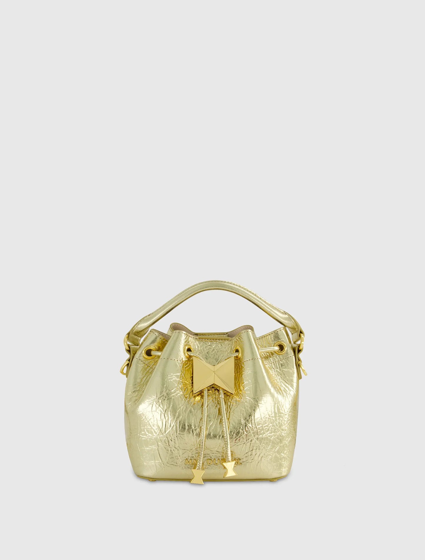 Crinkle Metallic Gold Leather Mini Bucket Bag with Detachable Strap - Mac Duggal
