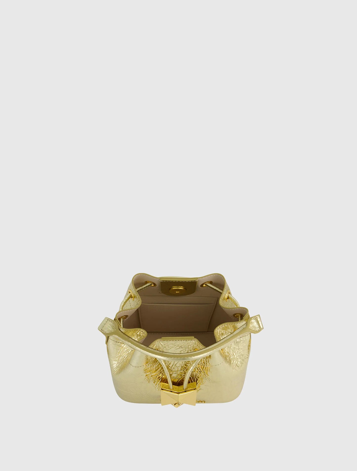Crinkle Metallic Gold Leather Mini Bucket Bag with Detachable Strap - Mac Duggal