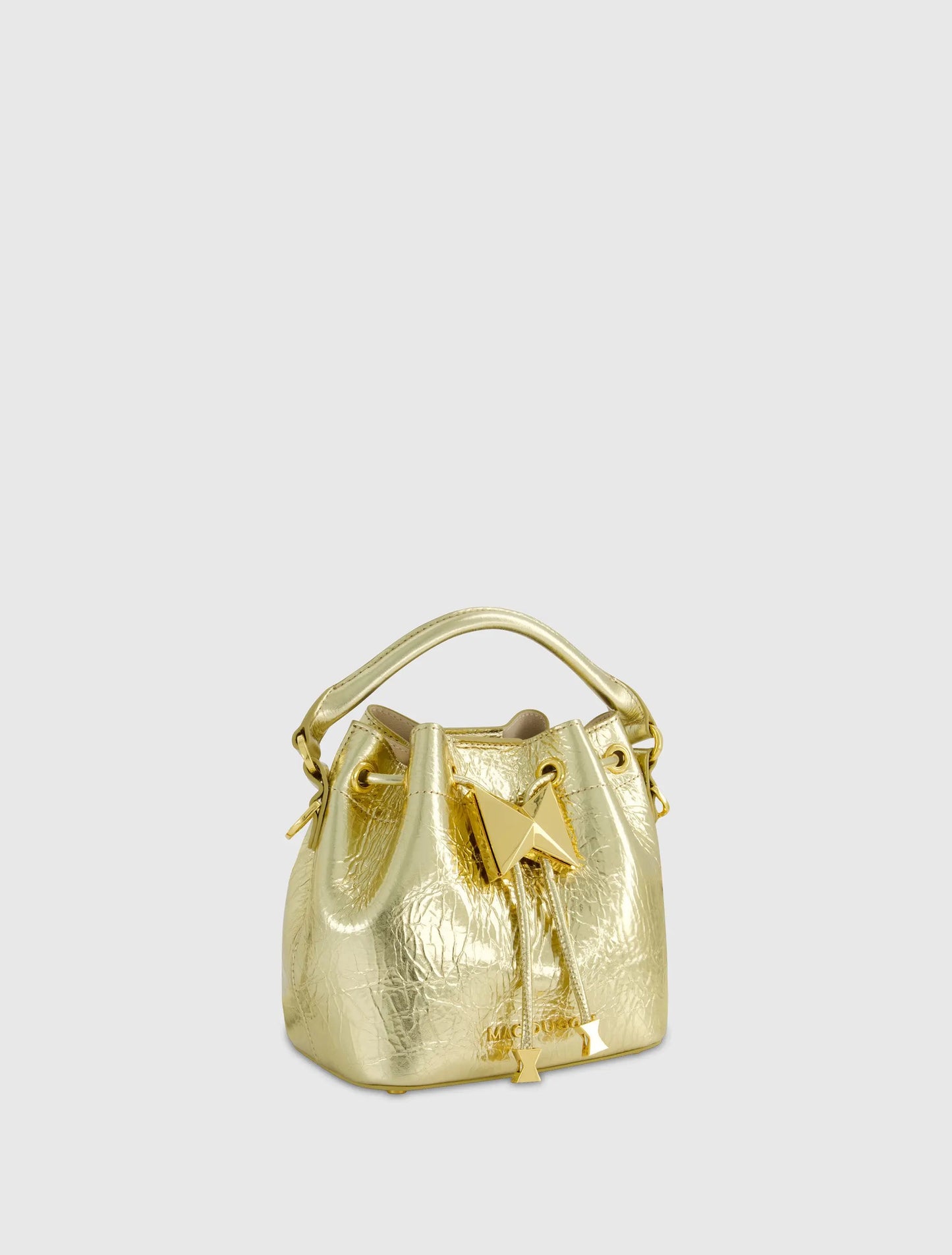 Crinkle Metallic Gold Leather Mini Bucket Bag with Detachable Strap - Mac Duggal