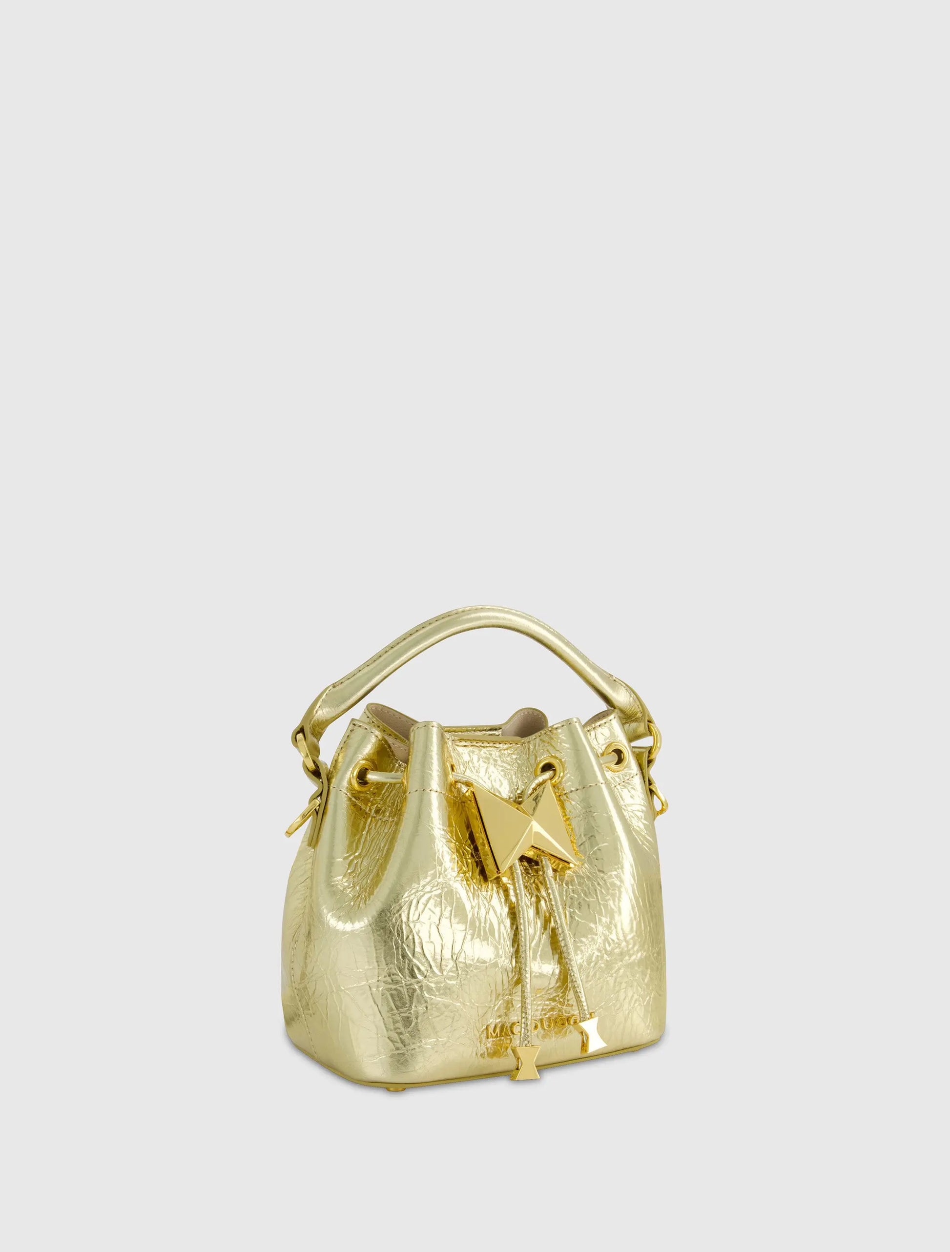 Crinkle Metallic Gold Leather Mini Bucket Bag with Detachable Strap - Mac Duggal