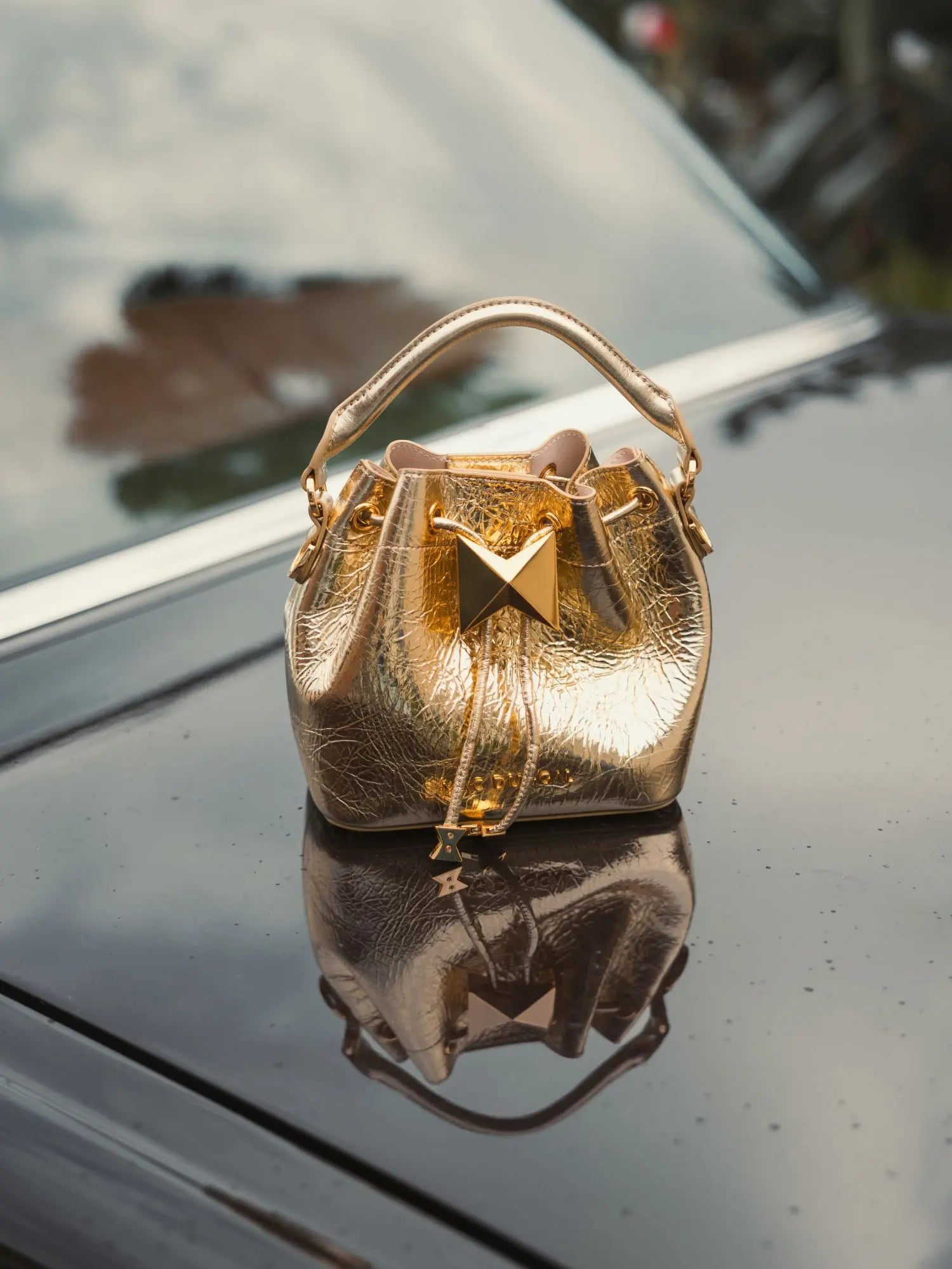 Crinkle Metallic Gold Leather Mini Bucket Bag with Detachable Strap - Mac Duggal