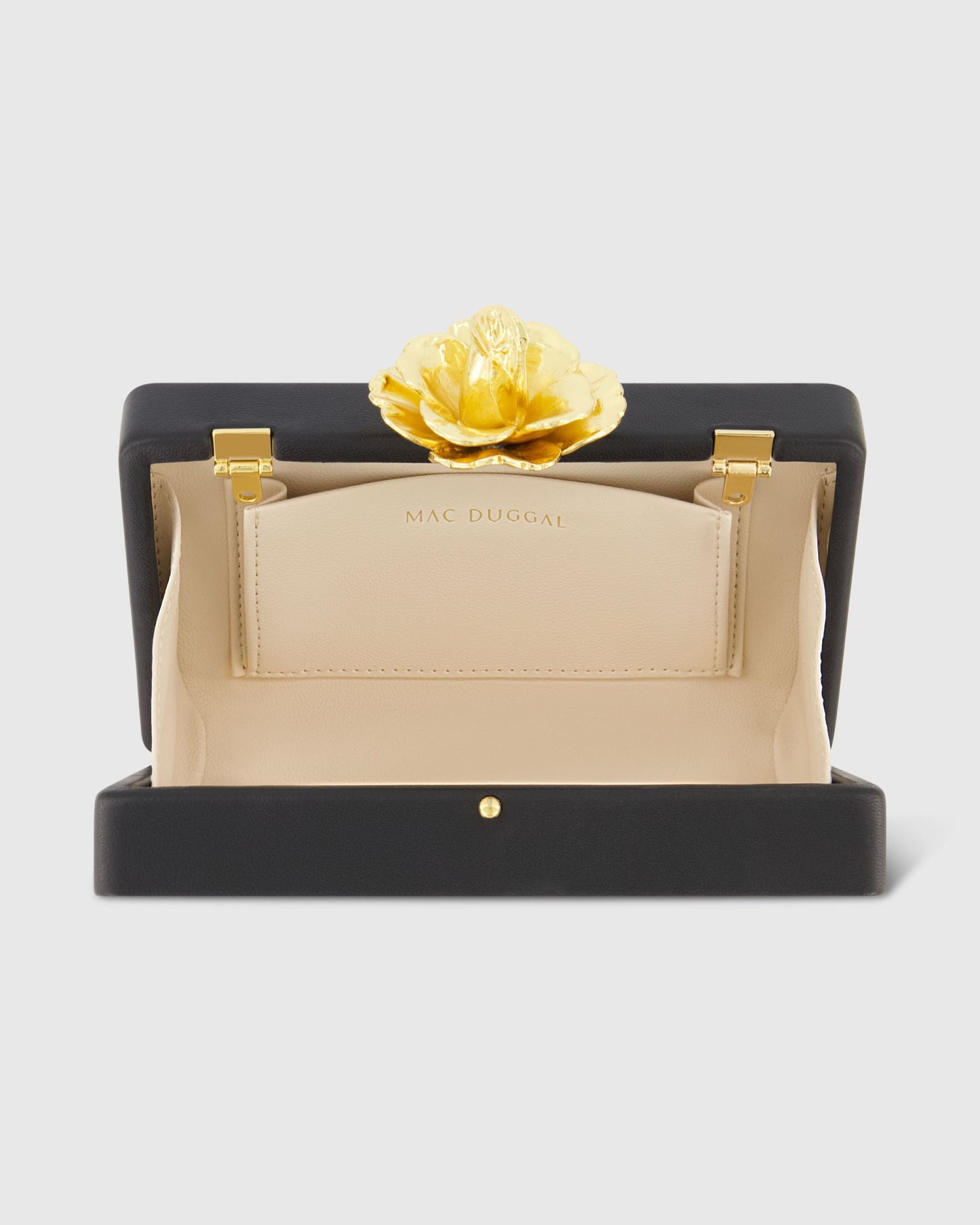 Gold Rose – Kleine Box-Clutch aus schwarzem Nappaleder