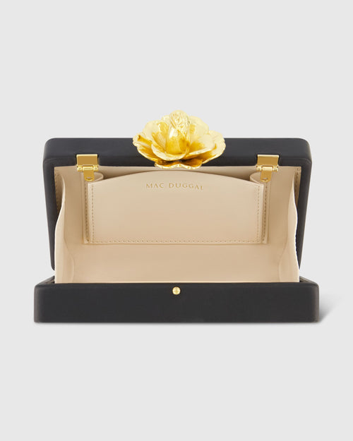 Gold Rose – Kleine Box-Clutch aus schwarzem Nappaleder