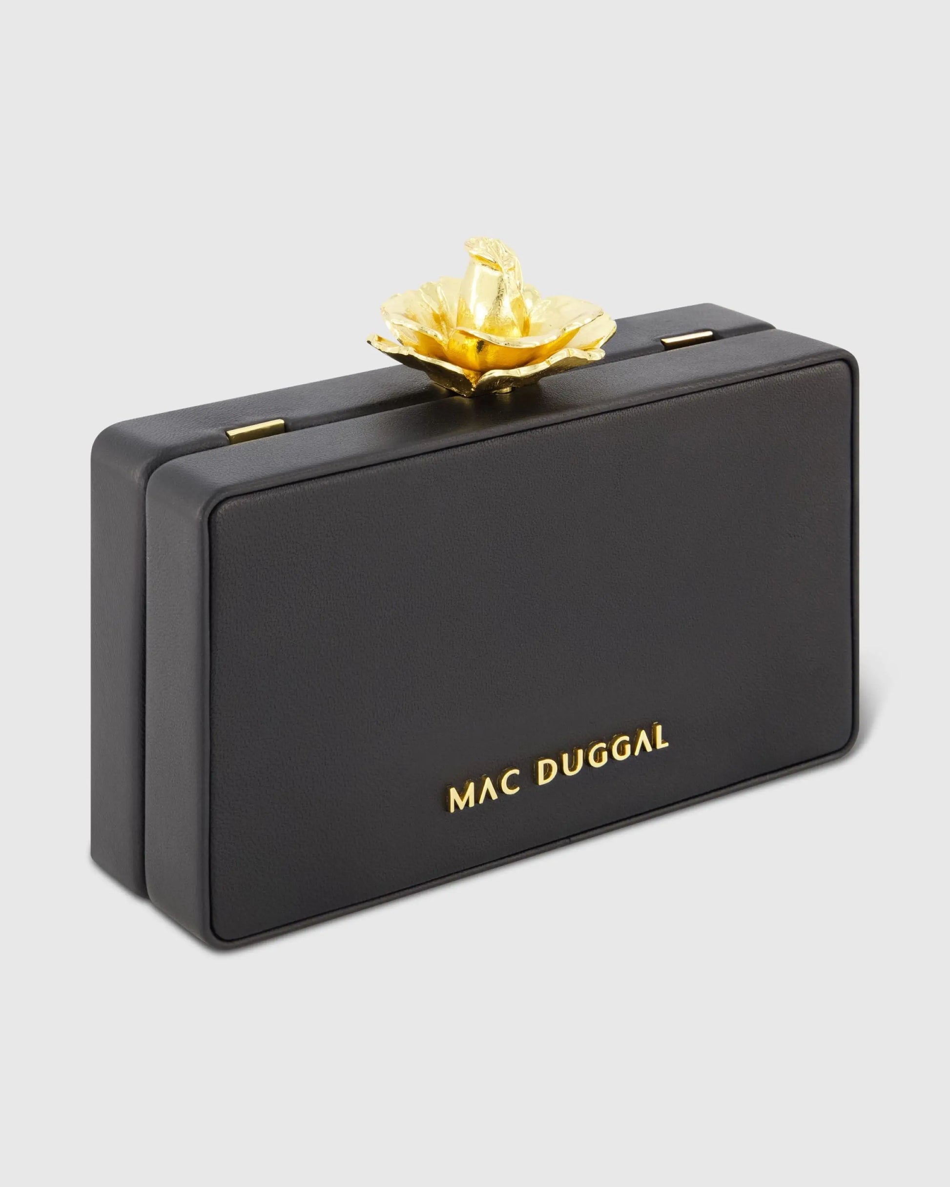 Black Mini Leather Clutch with Gold Rose Closure - Mac Duggal