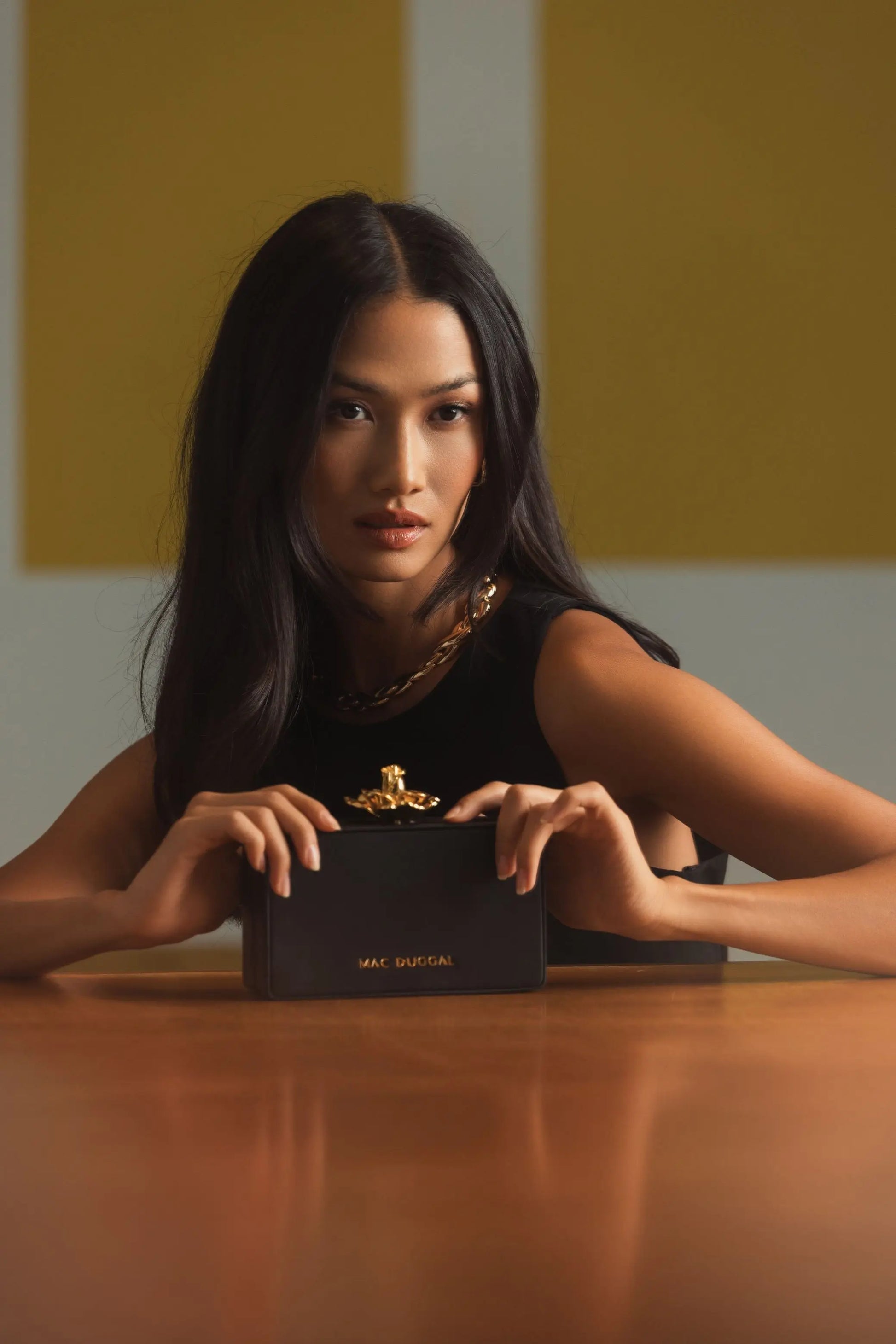 Black Mini Leather Clutch with Gold Rose Closure - Mac Duggal