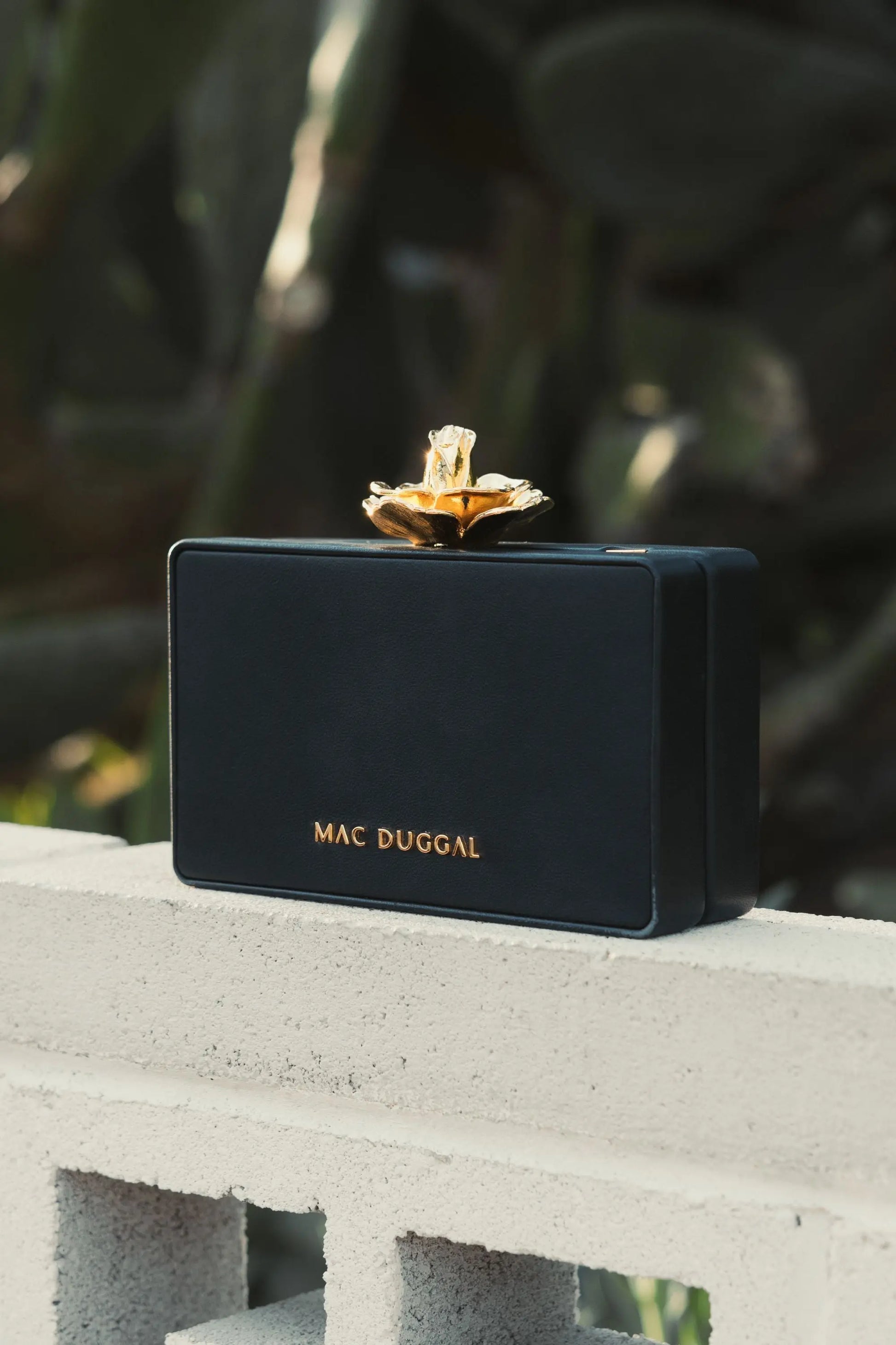 Black Mini Leather Clutch with Gold Rose Closure - Mac Duggal