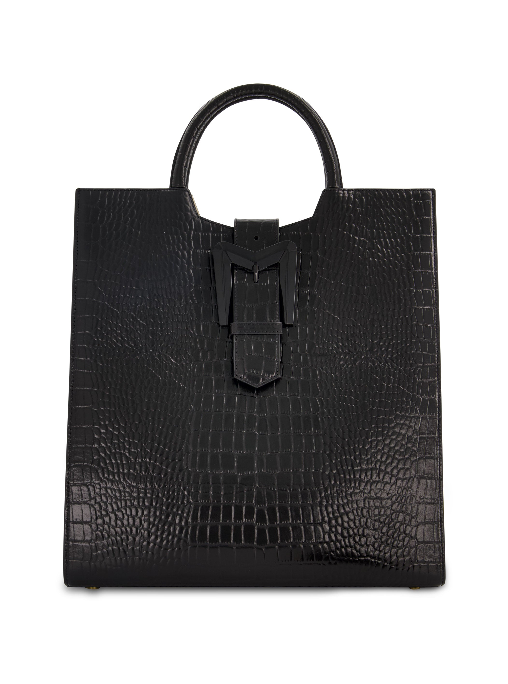 Buckled Maxi Croco Black Leather Tote Bag with Detachable Strap