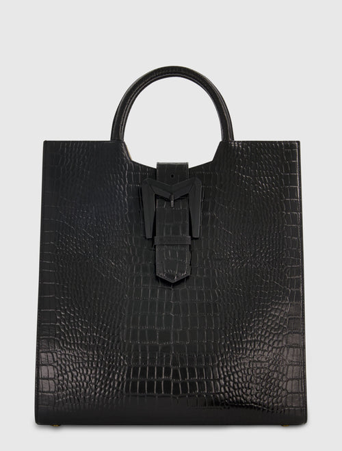 Buckled Maxi Croco Black Leather Tote Bag with Detachable Strap