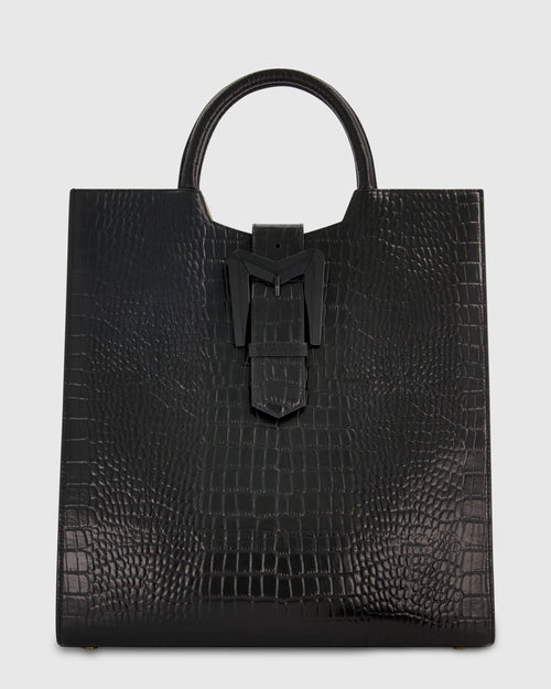 Buckled Maxi Croco Black Leather Tote Bag