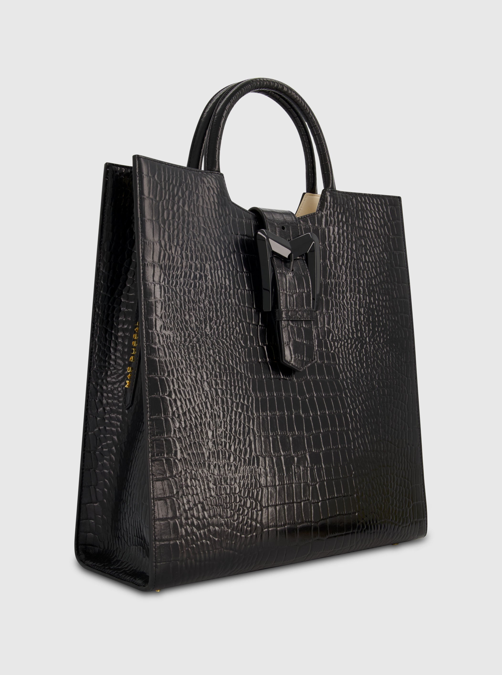 Buckled Maxi Croco Black Leather Tote Bag with Detachable Strap