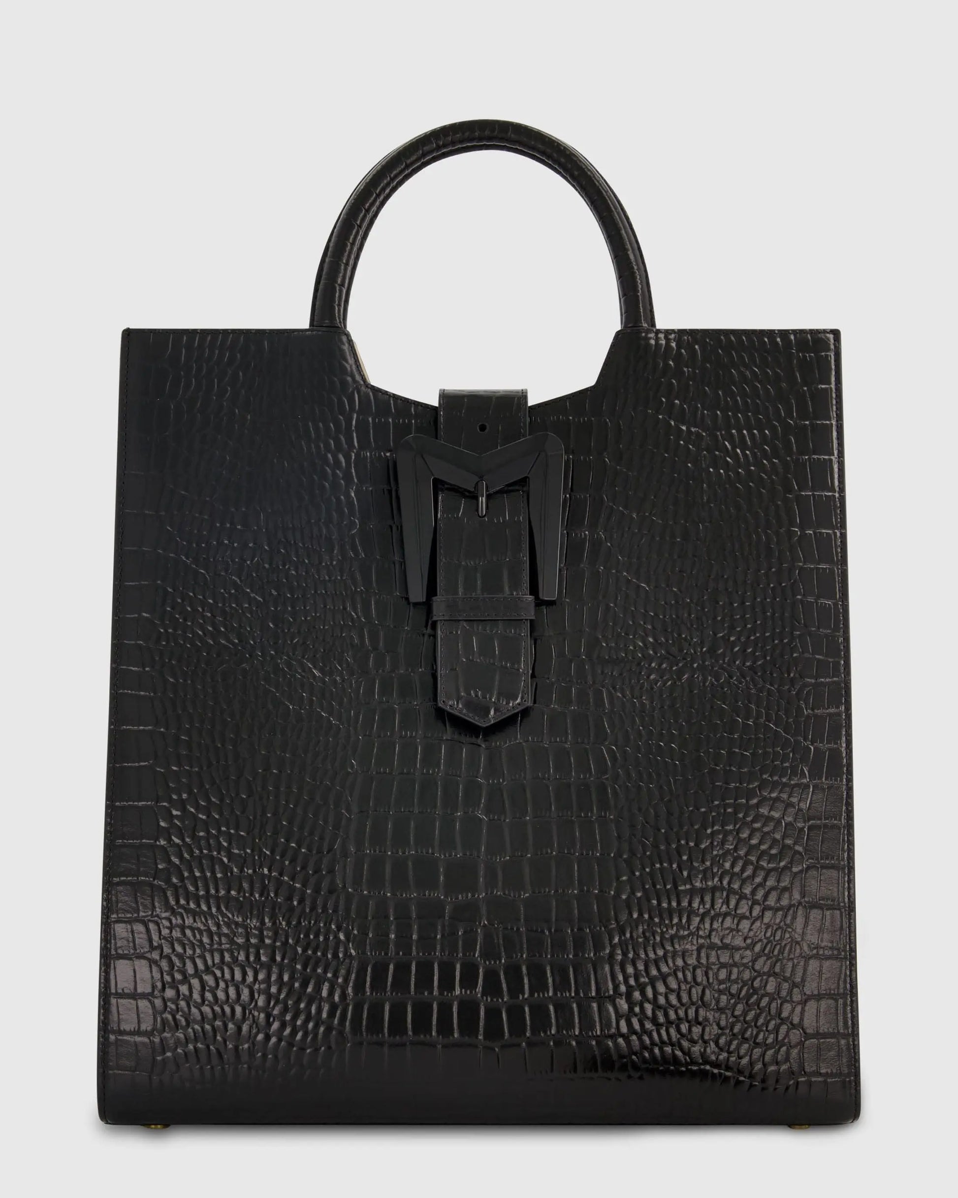 Buckled Maxi Croco Black Leather Tote Bag - Mac Duggal