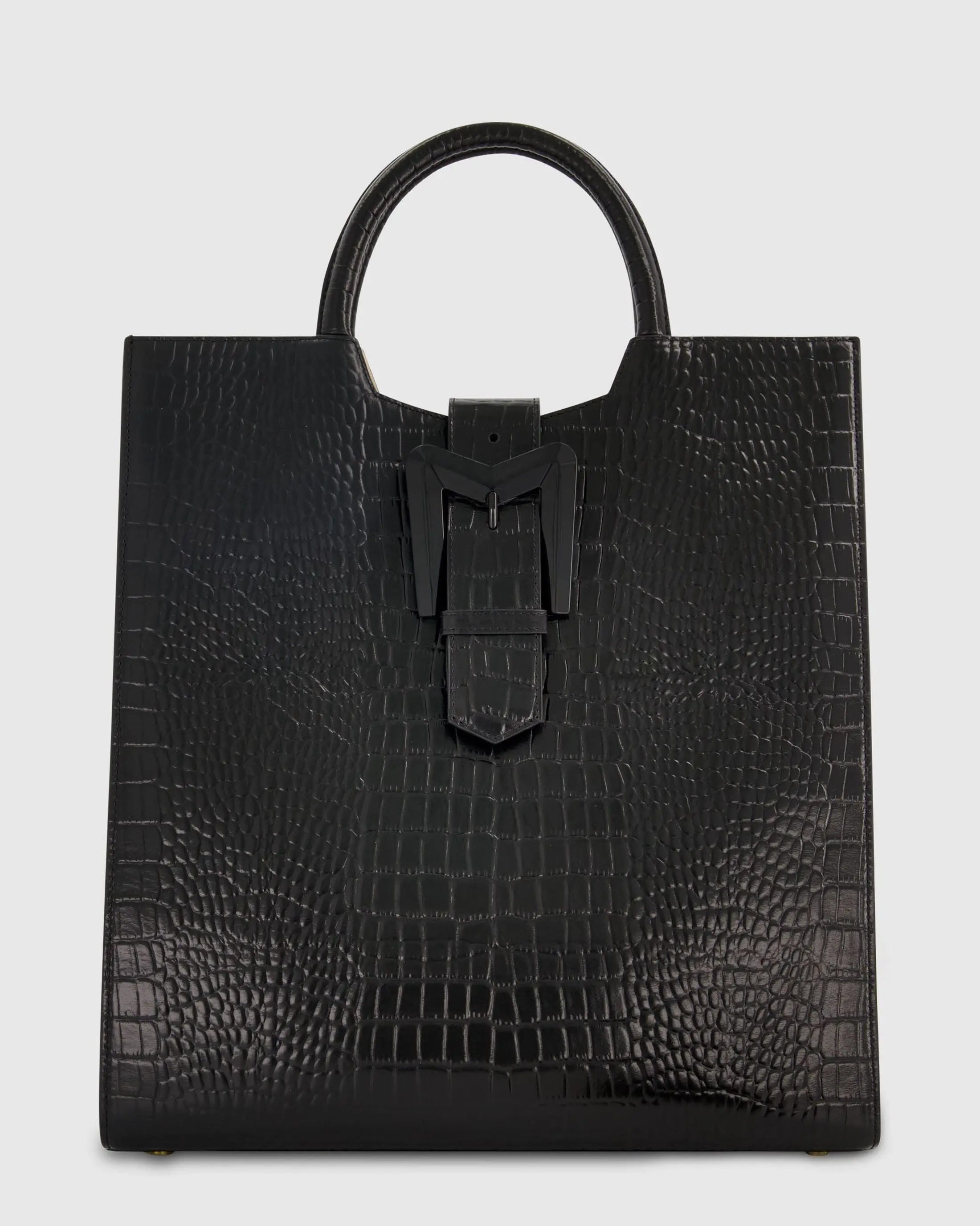 Buckled Maxi Croco Black Leather Tote Bag - Mac Duggal