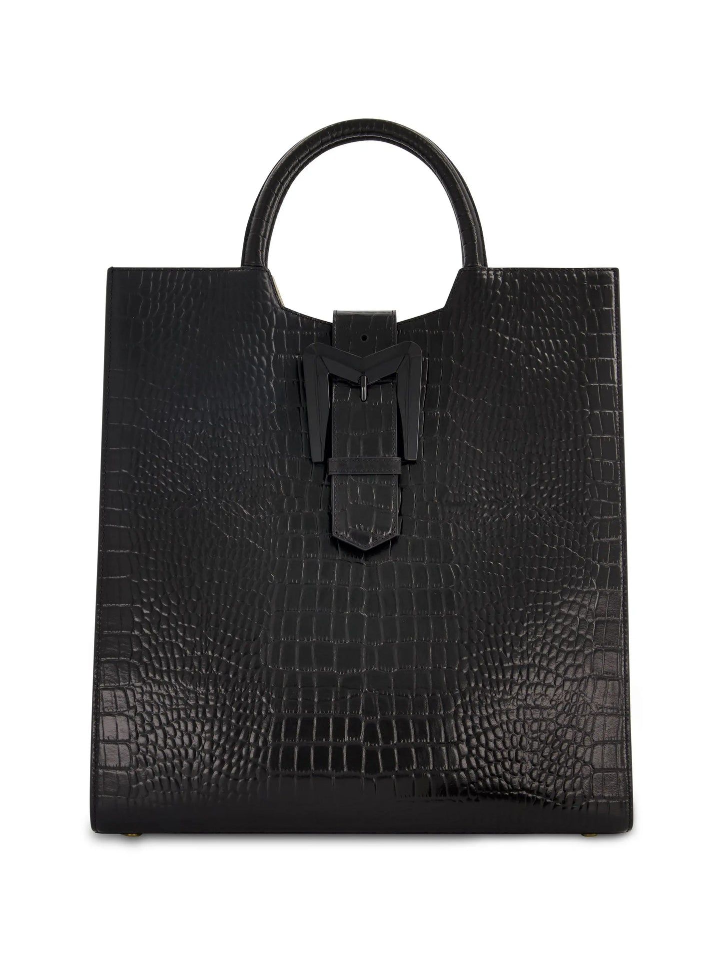 Buckled Maxi Croco Black Leather Tote Bag - Mac Duggal