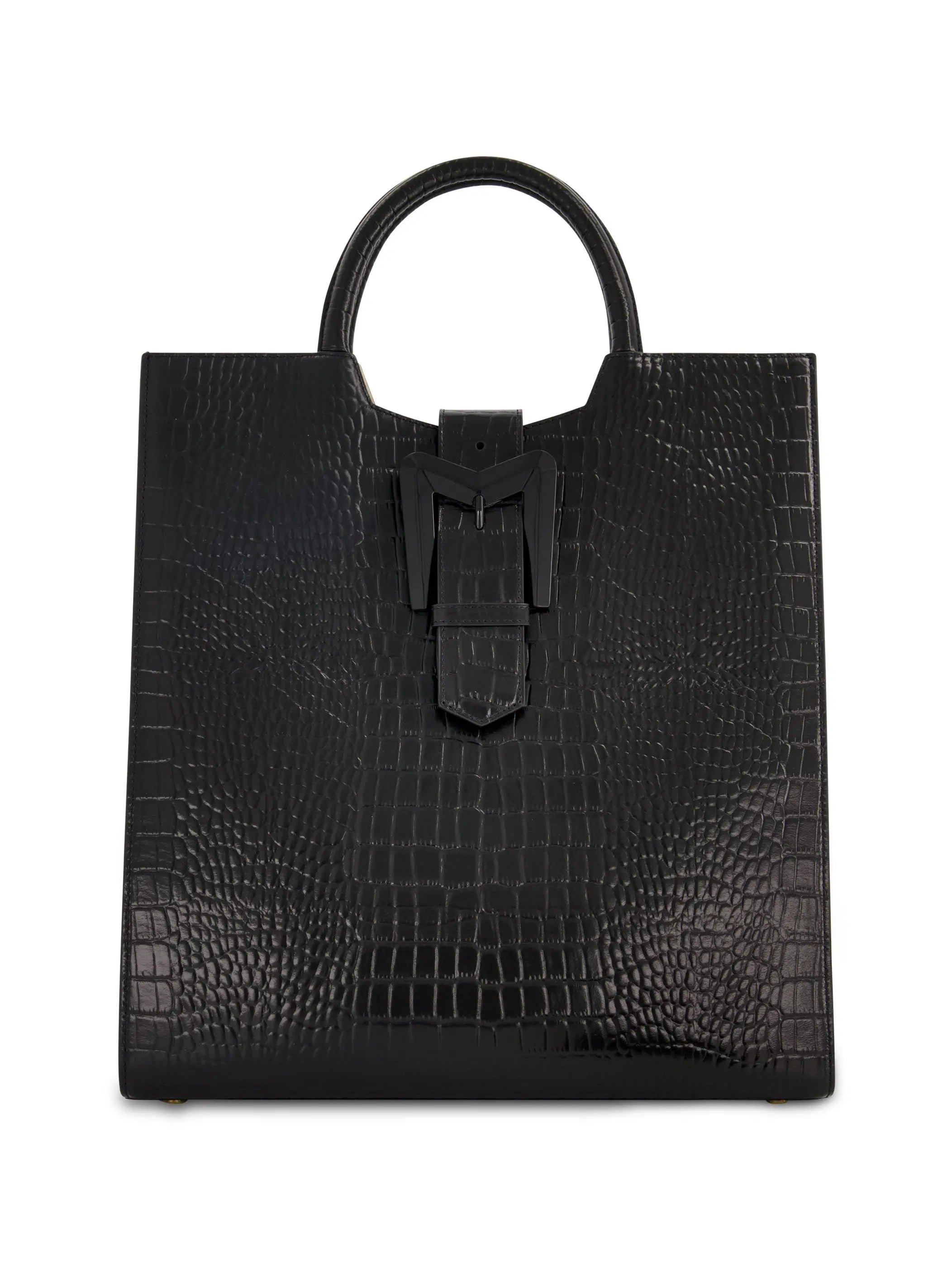 Buckled Maxi Croco Black Leather Tote Bag - Mac Duggal