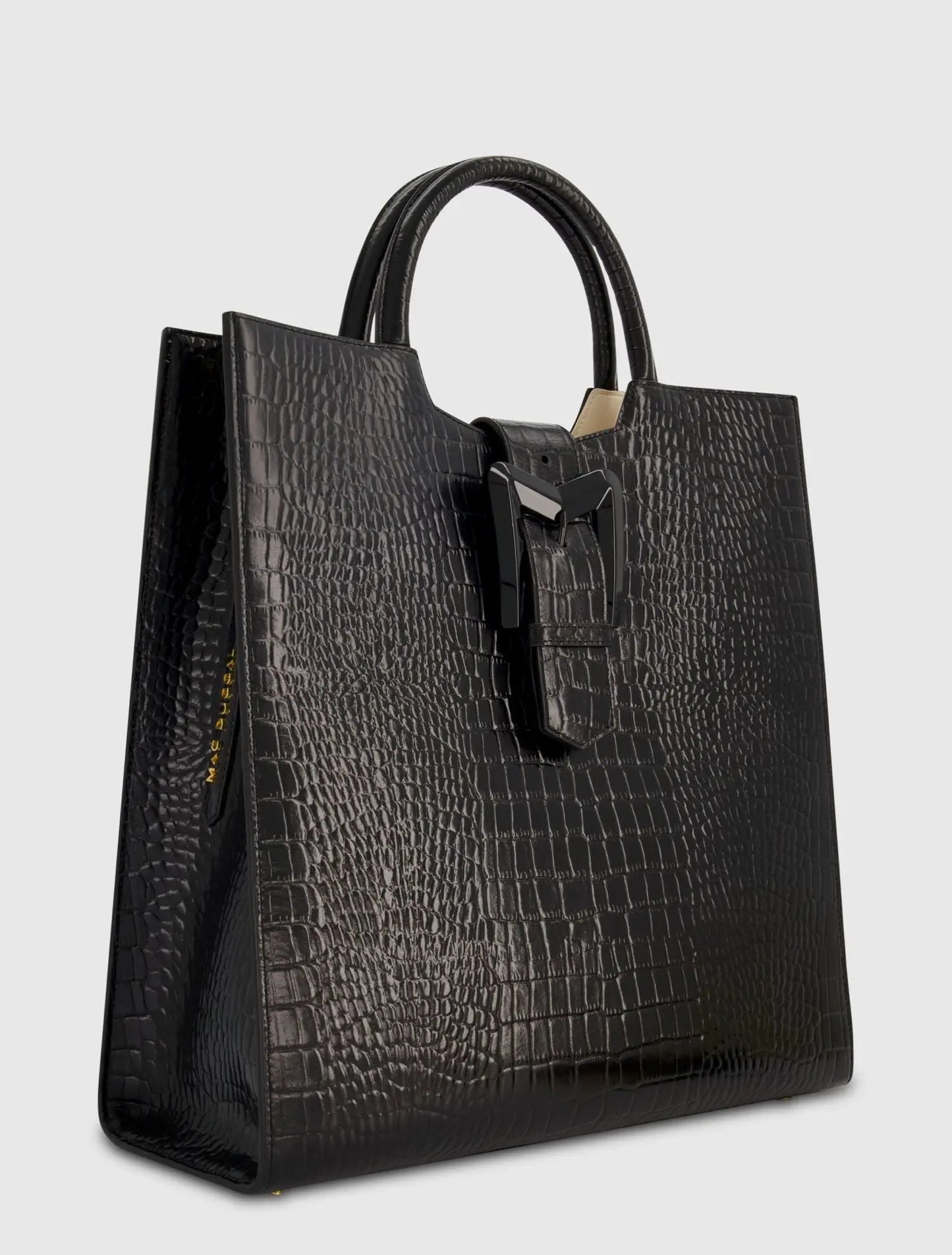 Buckled Maxi Croco Black Leather Tote Bag - Mac Duggal
