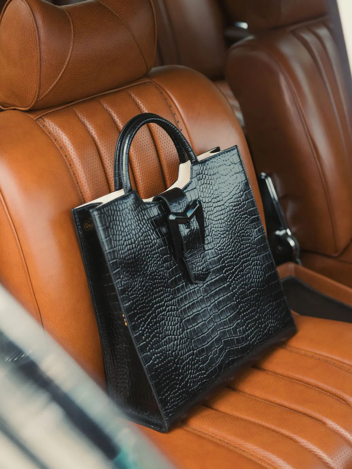 Buckled Maxi Croco Black Leather Tote Bag - Mac Duggal
