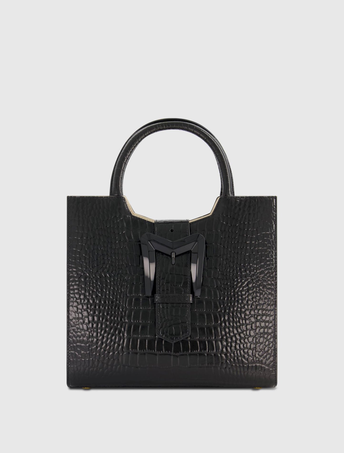 Buckled Medium Croco Black Leather Tote Bag with Detachable Strap